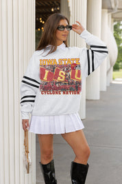 IOWA STATE CYCLONES OFF THE GRID STRIPE SLEEVE CREWNECK SWEATSHIRT