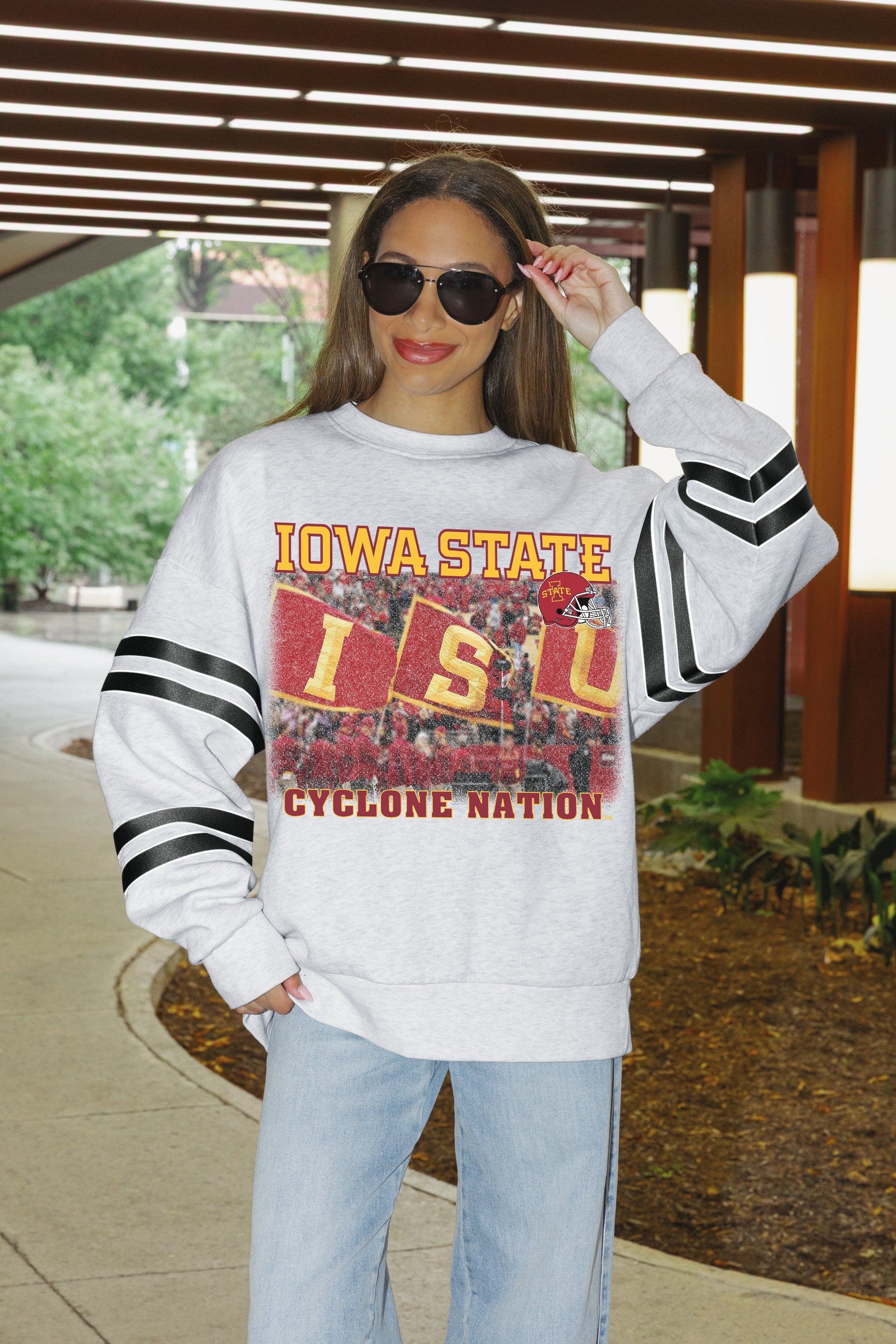 IOWA STATE CYCLONES OFF THE GRID STRIPE SLEEVE CREWNECK SWEATSHIRT