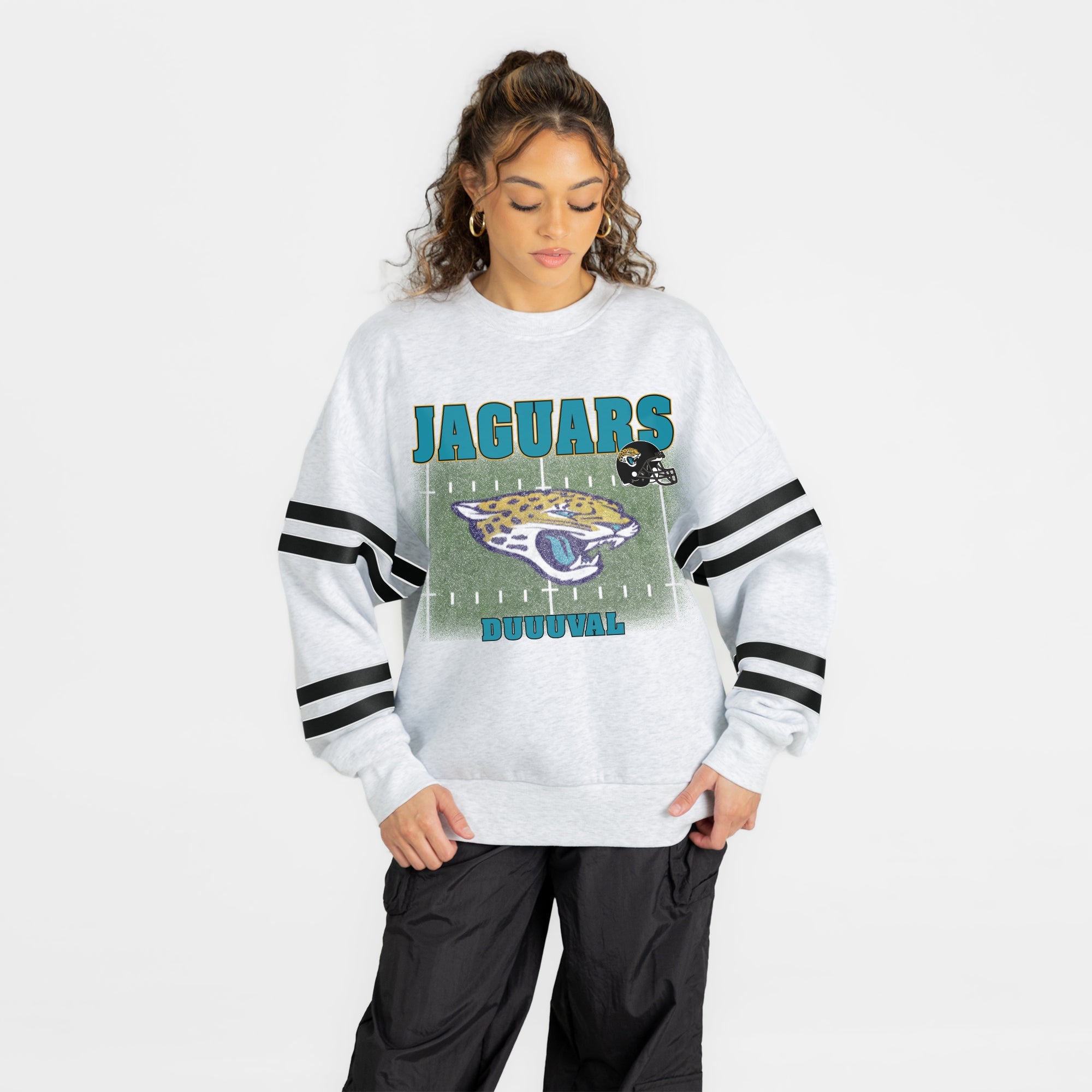 JACKSONVILLE JAGUARS OFF THE GRID STRIPE SLEEVE CREWNECK SWEATSHIRT