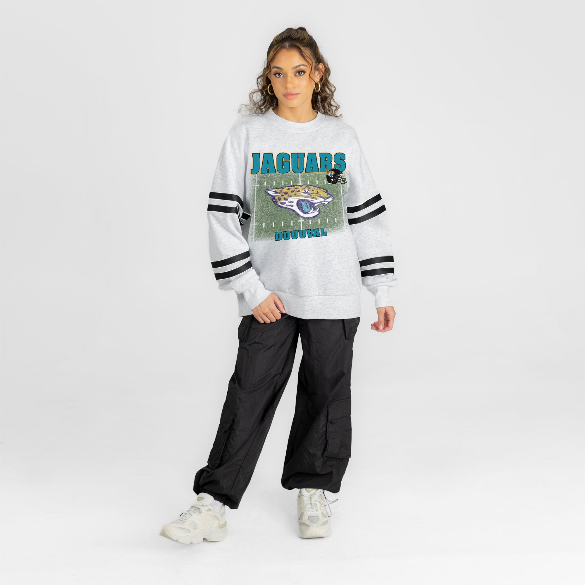 JACKSONVILLE JAGUARS OFF THE GRID STRIPE SLEEVE CREWNECK SWEATSHIRT