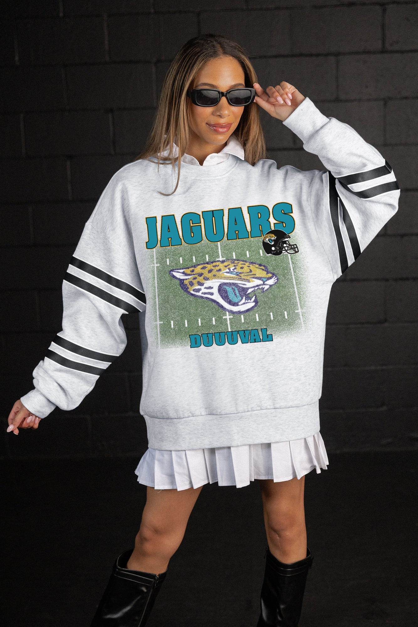 JACKSONVILLE JAGUARS OFF THE GRID STRIPE SLEEVE CREWNECK SWEATSHIRT