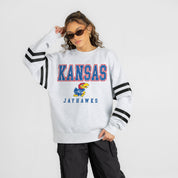 KANSAS JAYHAWKS STADIUM STRIPES STRIPE SLEEVE CREWNECK SWEATSHIRT