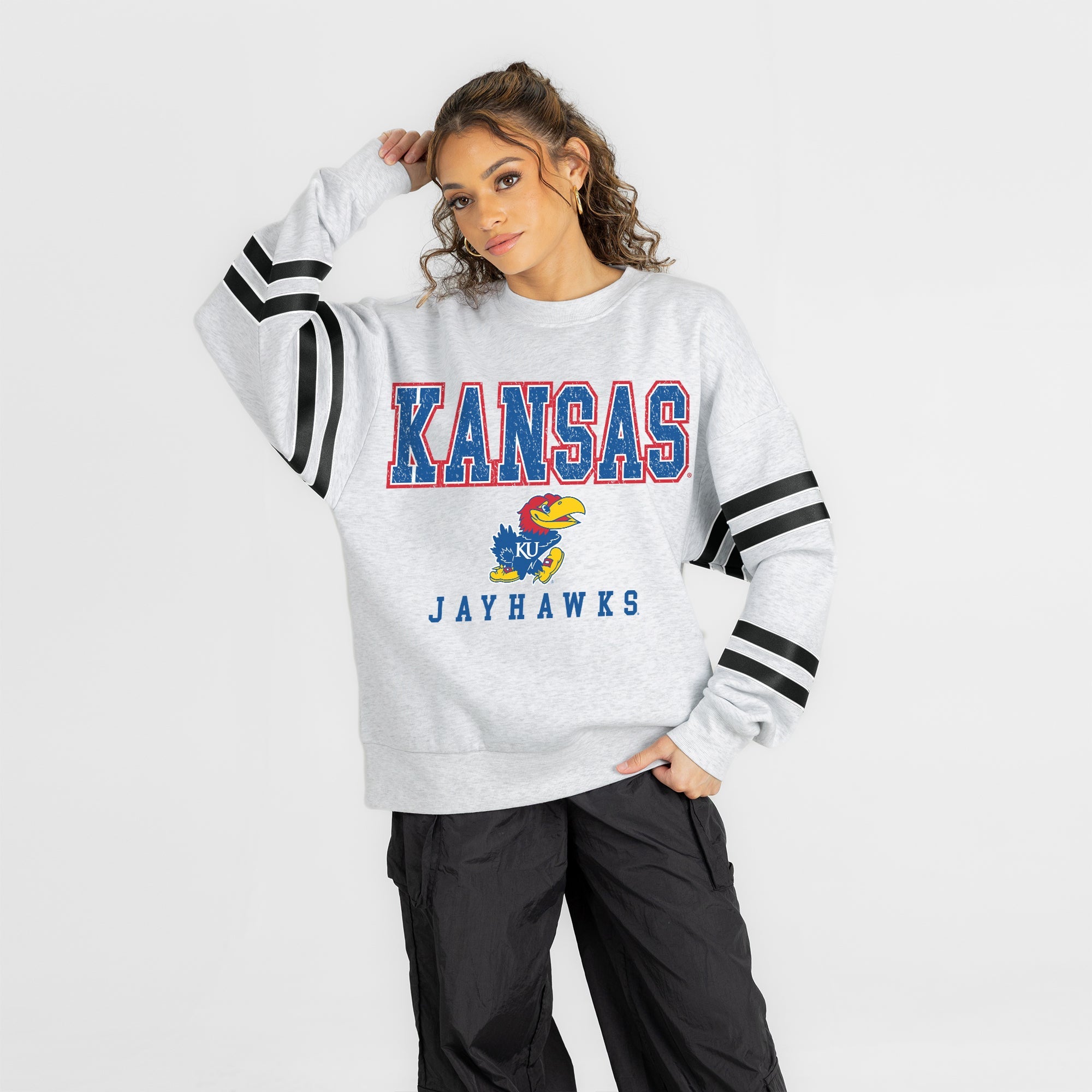 KANSAS JAYHAWKS STADIUM STRIPES STRIPE SLEEVE CREWNECK SWEATSHIRT