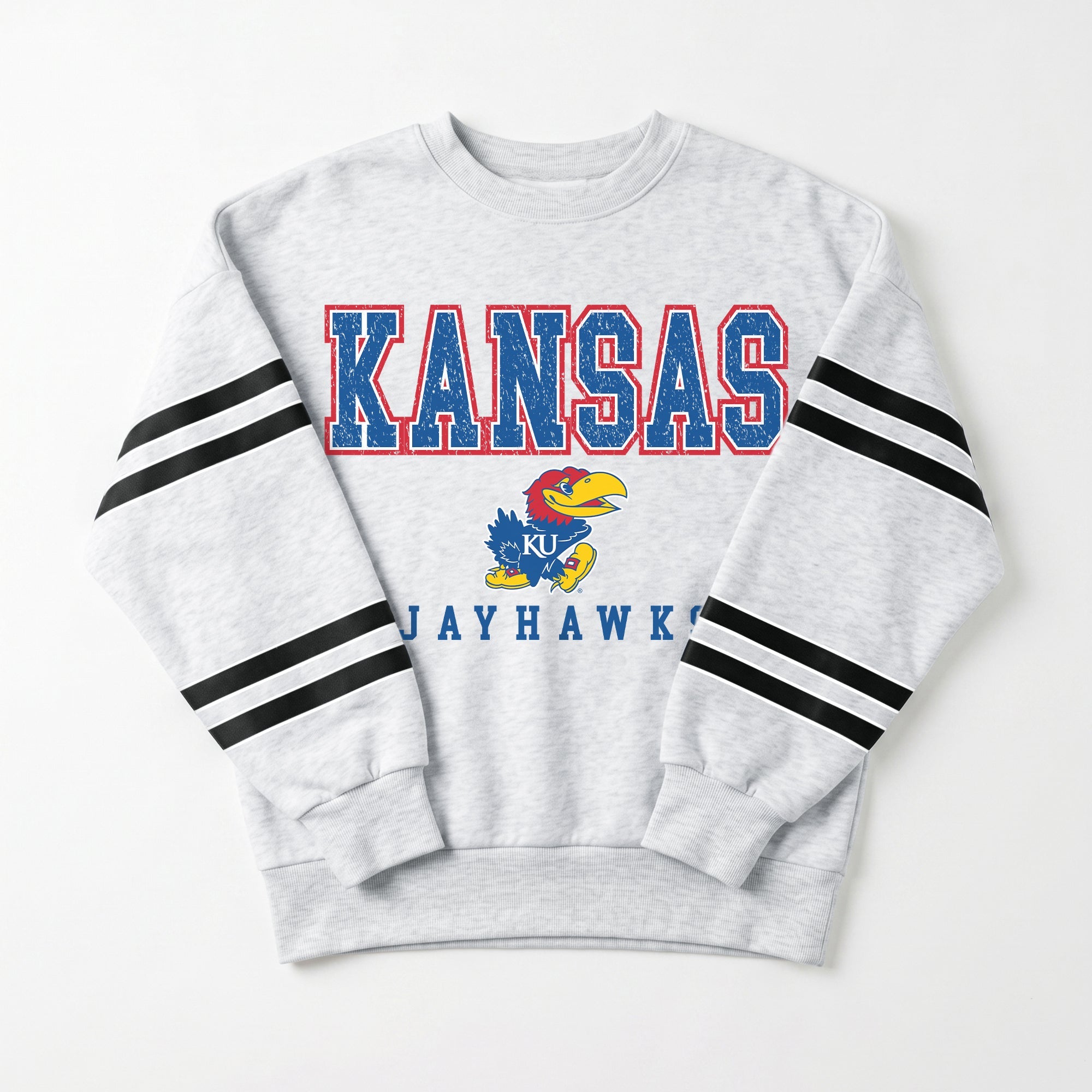 KANSAS JAYHAWKS STADIUM STRIPES STRIPE SLEEVE CREWNECK SWEATSHIRT
