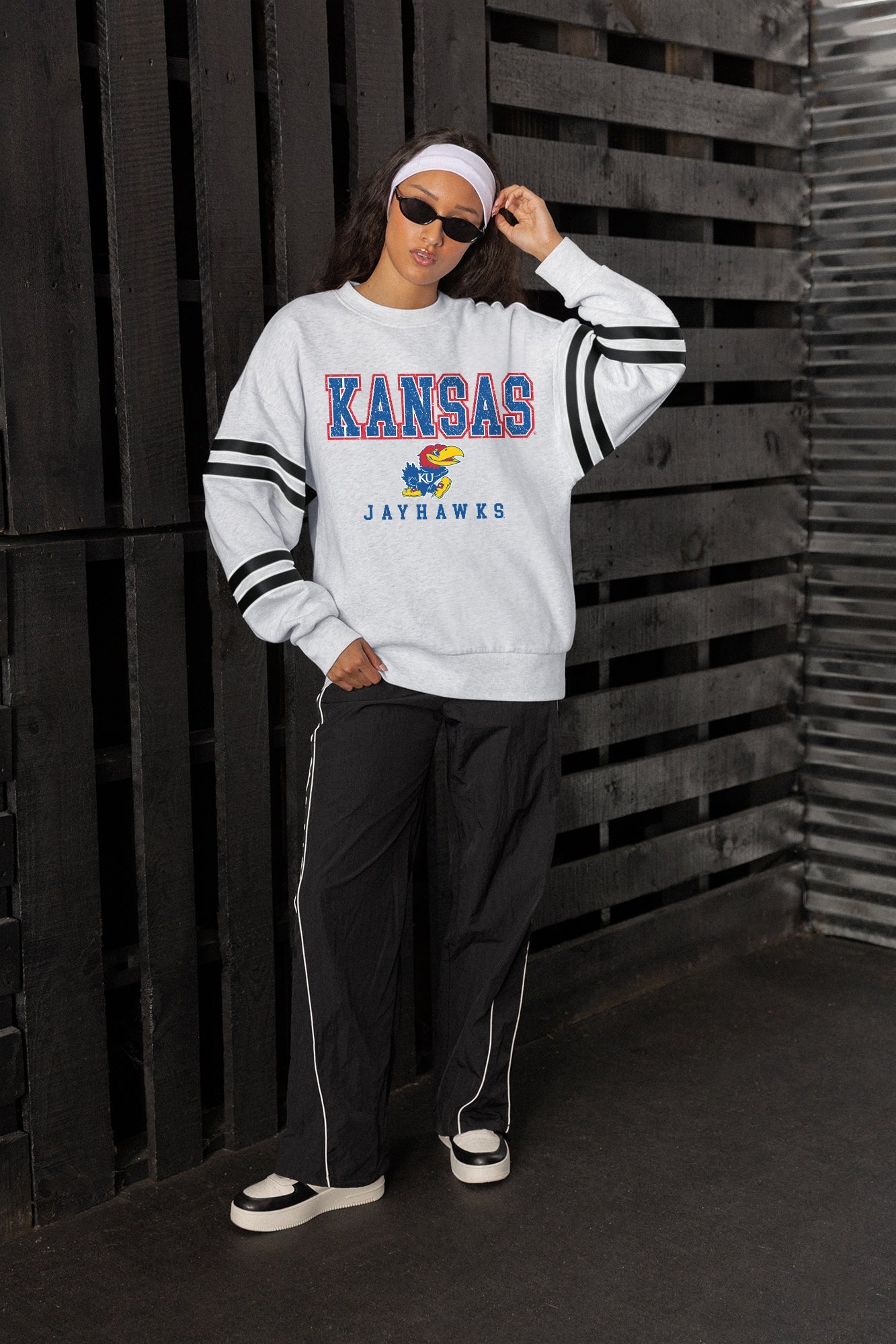 KANSAS JAYHAWKS STADIUM STRIPES STRIPE SLEEVE CREWNECK SWEATSHIRT