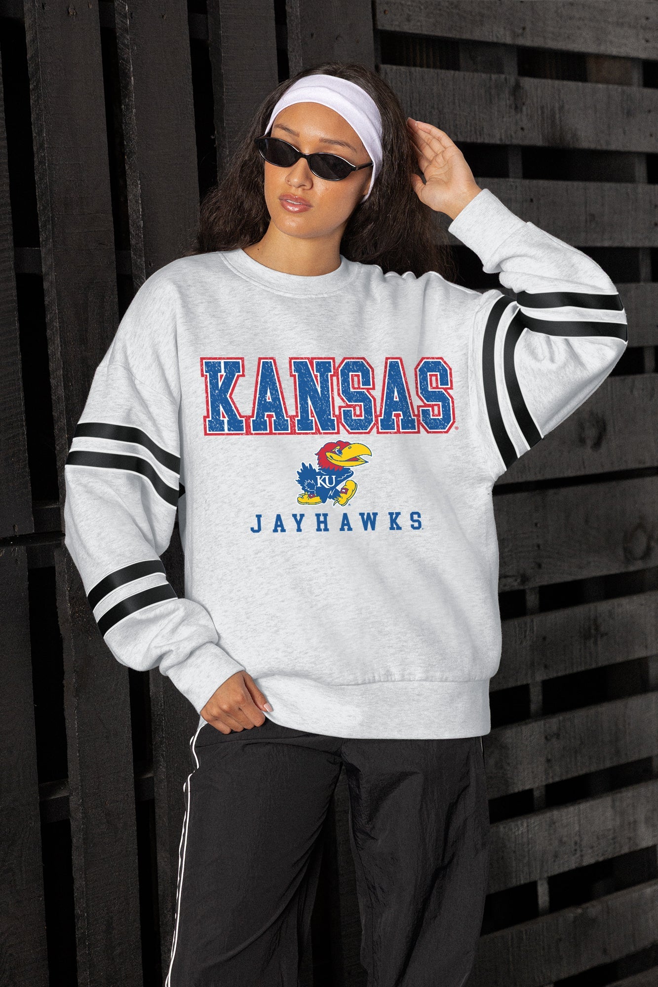 KANSAS JAYHAWKS STADIUM STRIPES STRIPE SLEEVE CREWNECK SWEATSHIRT