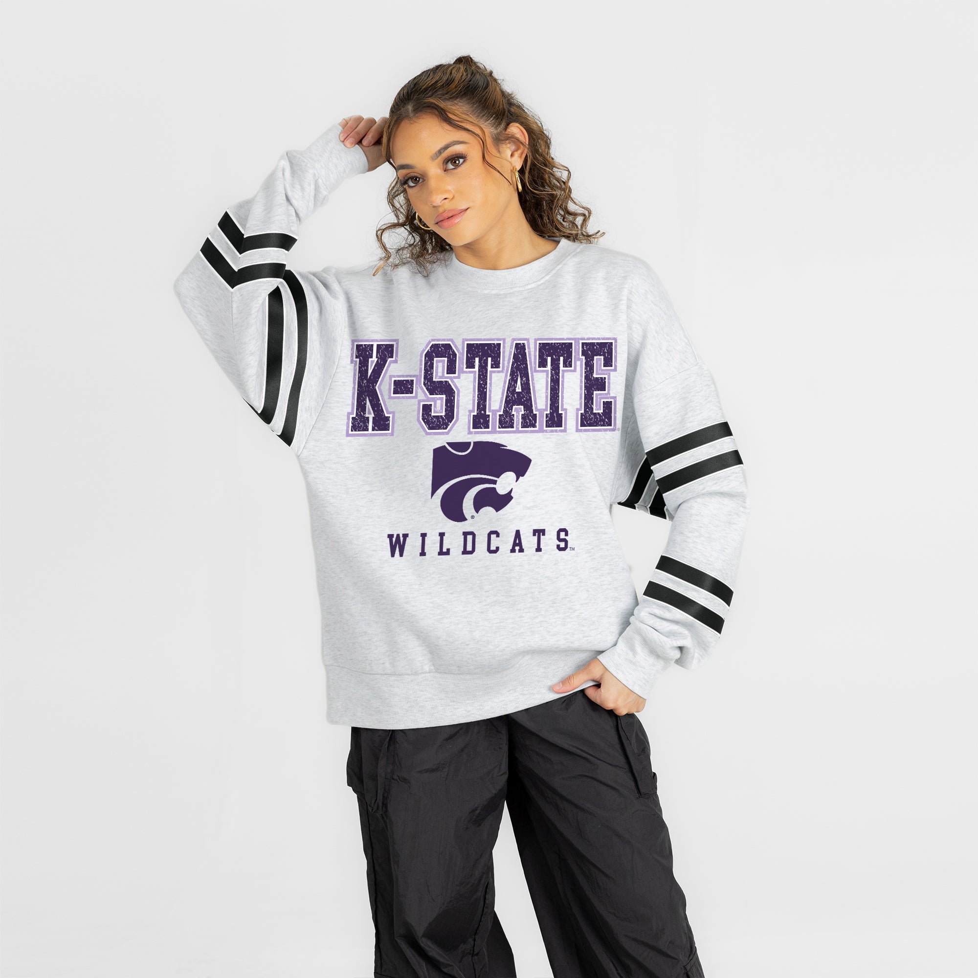 KANSAS STATE WILDCATS STADIUM STRIPES STRIPE SLEEVE CREWNECK SWEATSHIRT