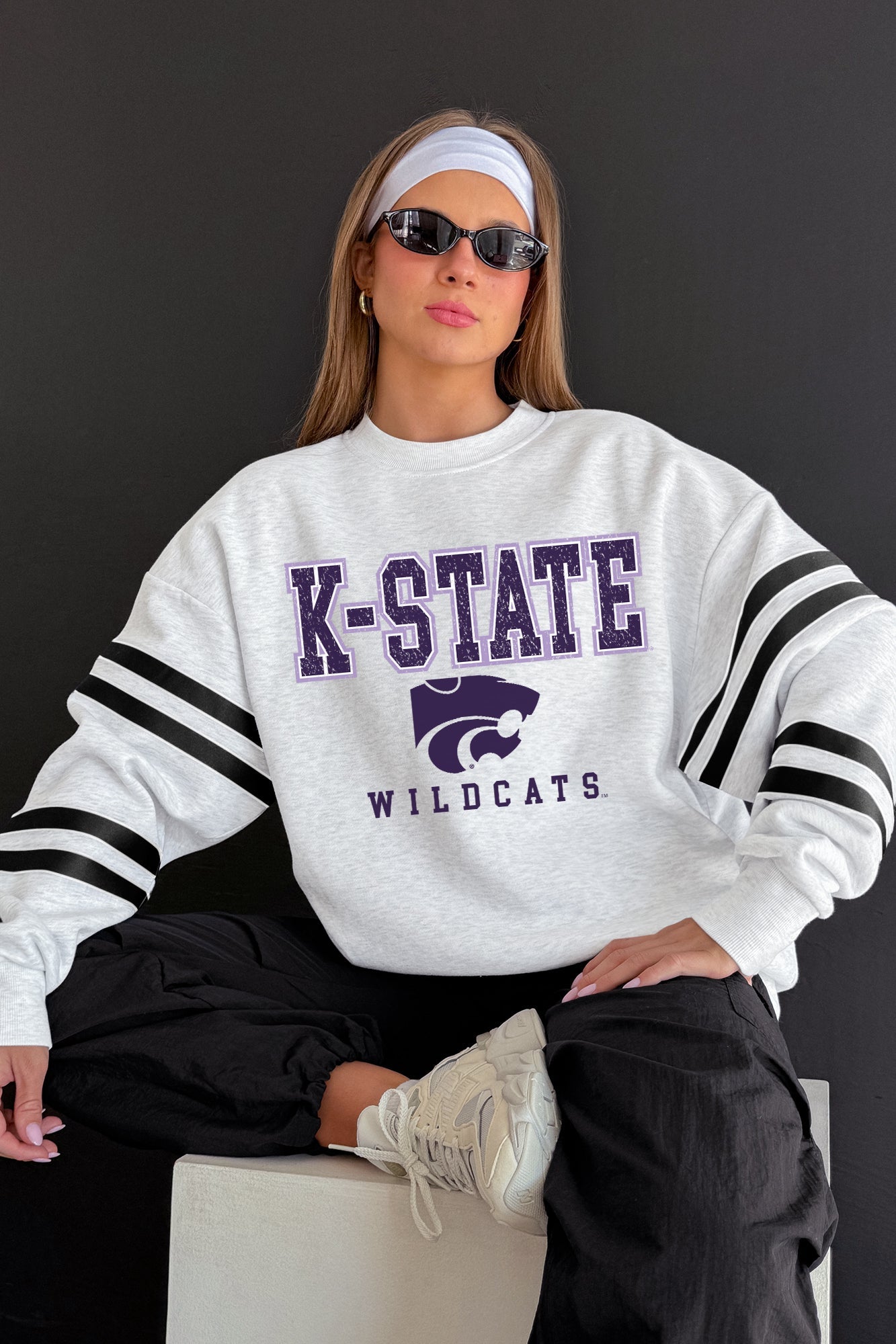 KANSAS STATE WILDCATS STADIUM STRIPES STRIPE SLEEVE CREWNECK SWEATSHIRT