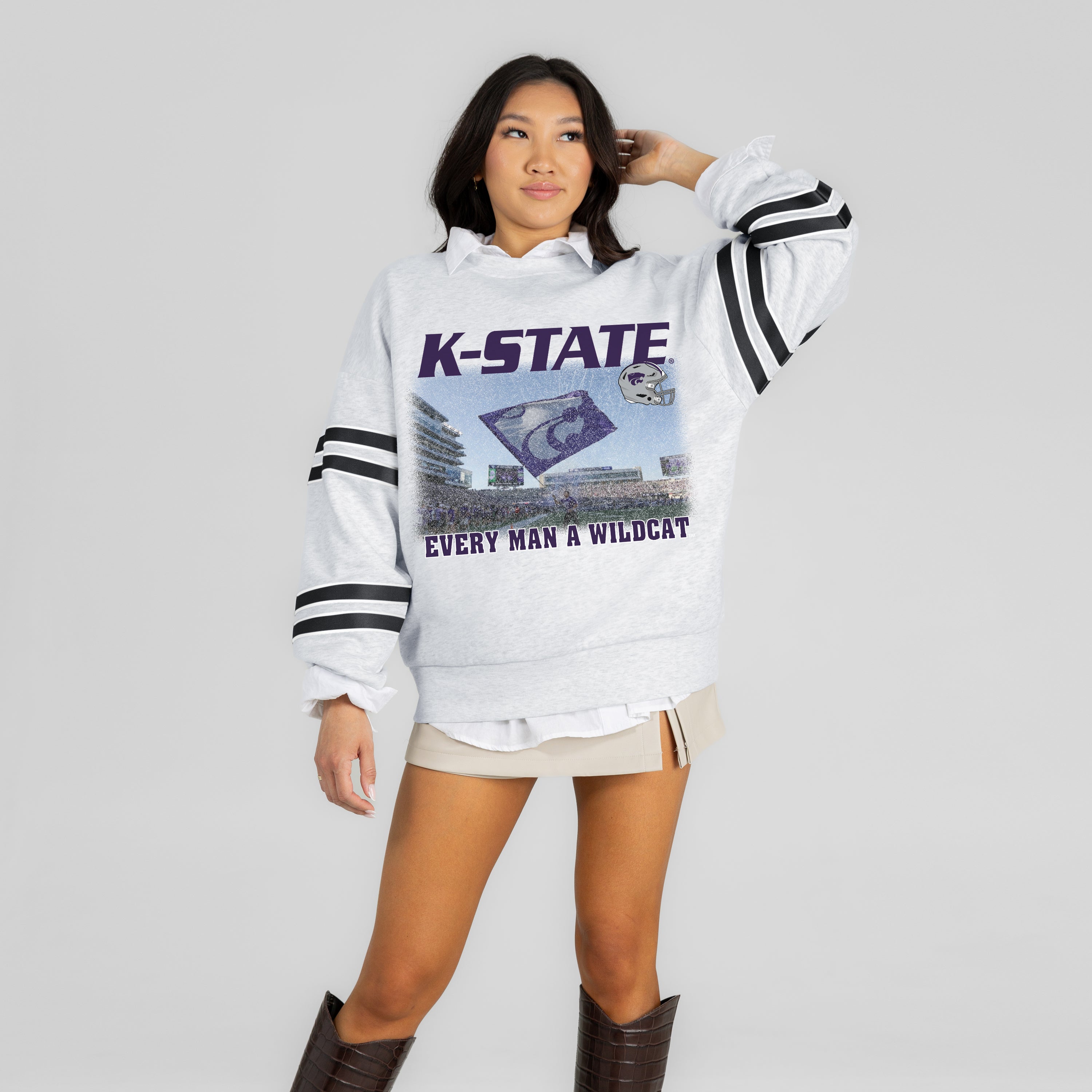 KANSAS STATE WILDCATS OFF THE GRID STRIPE SLEEVE CREWNECK SWEATSHIRT