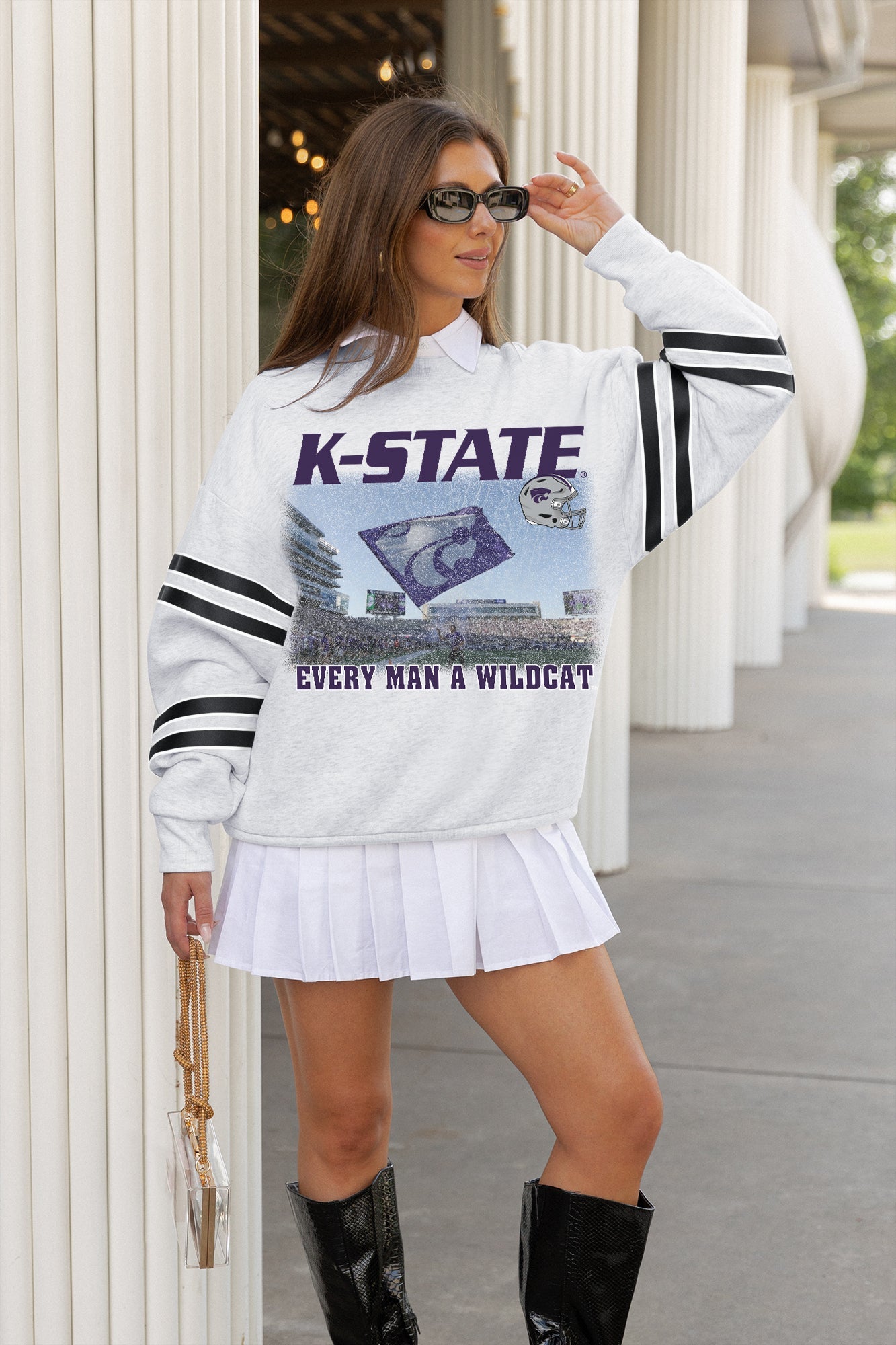 KANSAS STATE WILDCATS OFF THE GRID STRIPE SLEEVE CREWNECK SWEATSHIRT