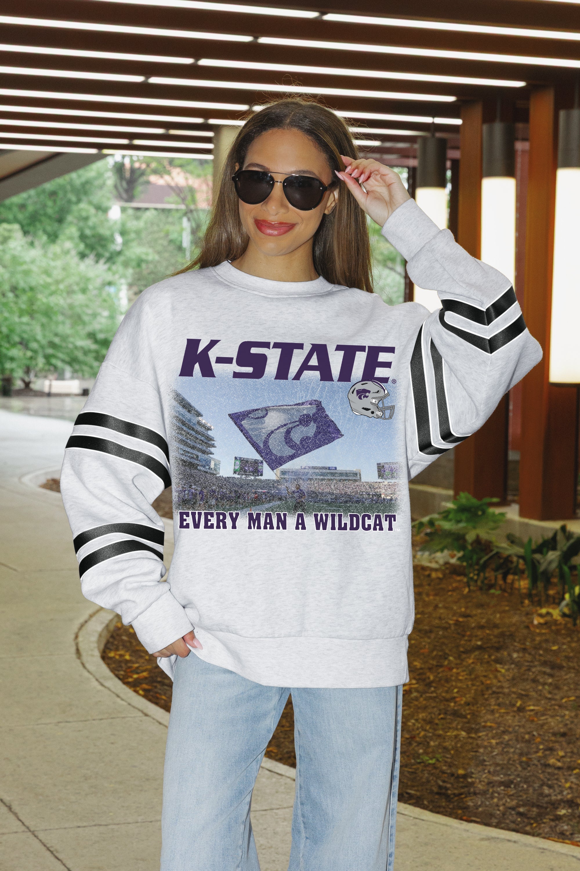 KANSAS STATE WILDCATS OFF THE GRID STRIPE SLEEVE CREWNECK SWEATSHIRT