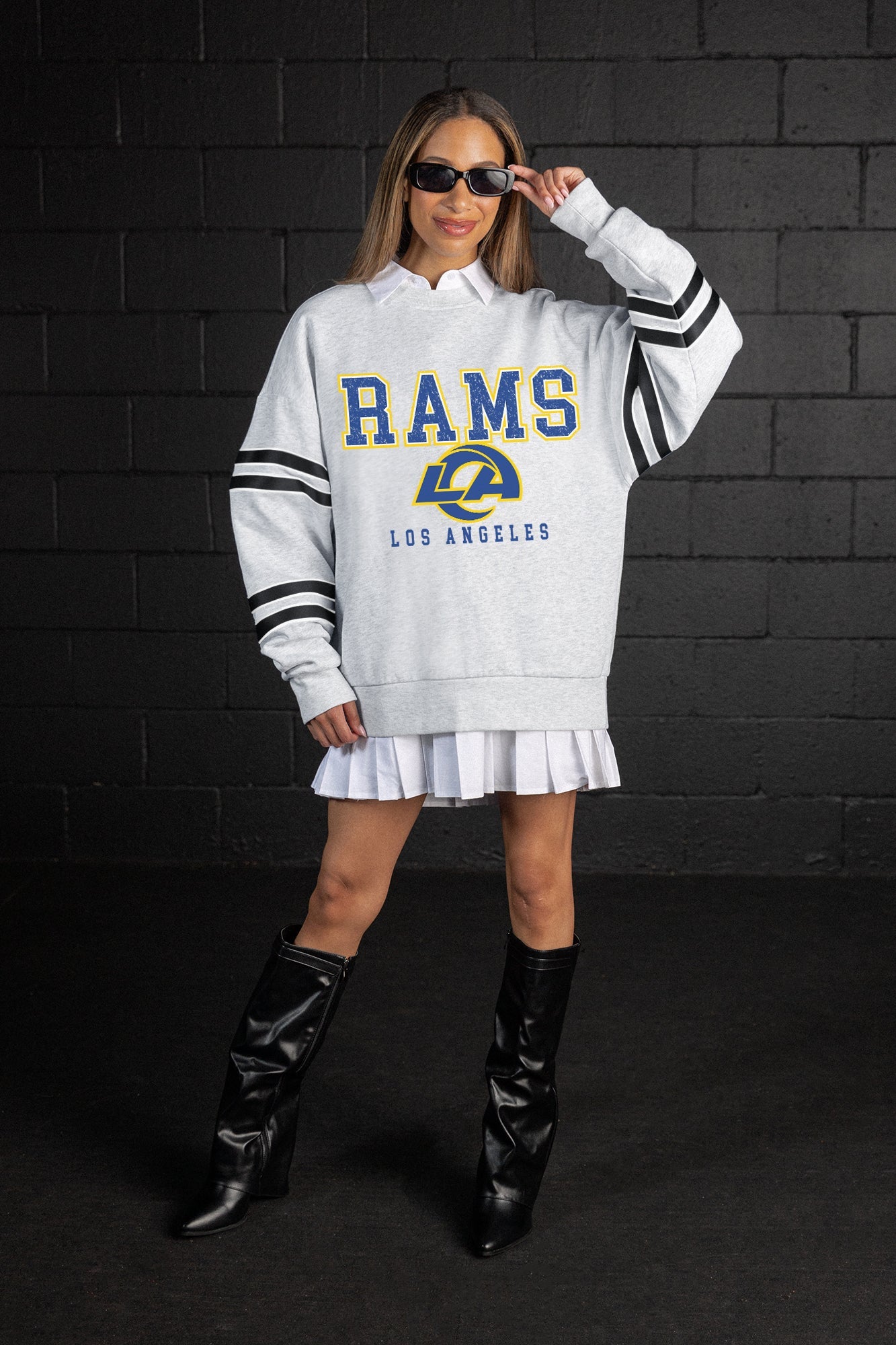 LOS ANGELES RAMS STADIUM STRIPES STRIPE SLEEVE CREWNECK SWEATSHIRT
