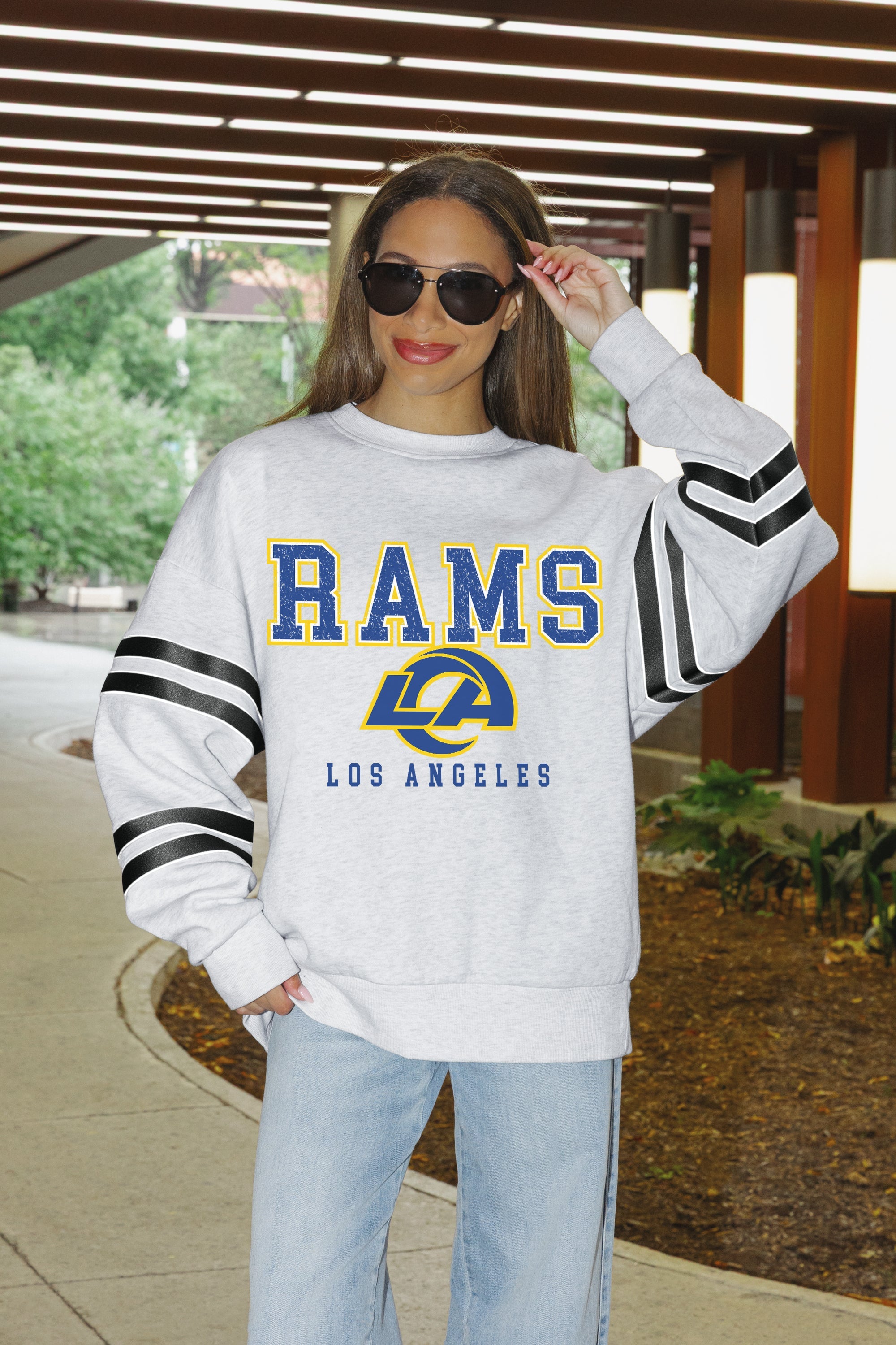 LOS ANGELES RAMS STADIUM STRIPES STRIPE SLEEVE CREWNECK SWEATSHIRT