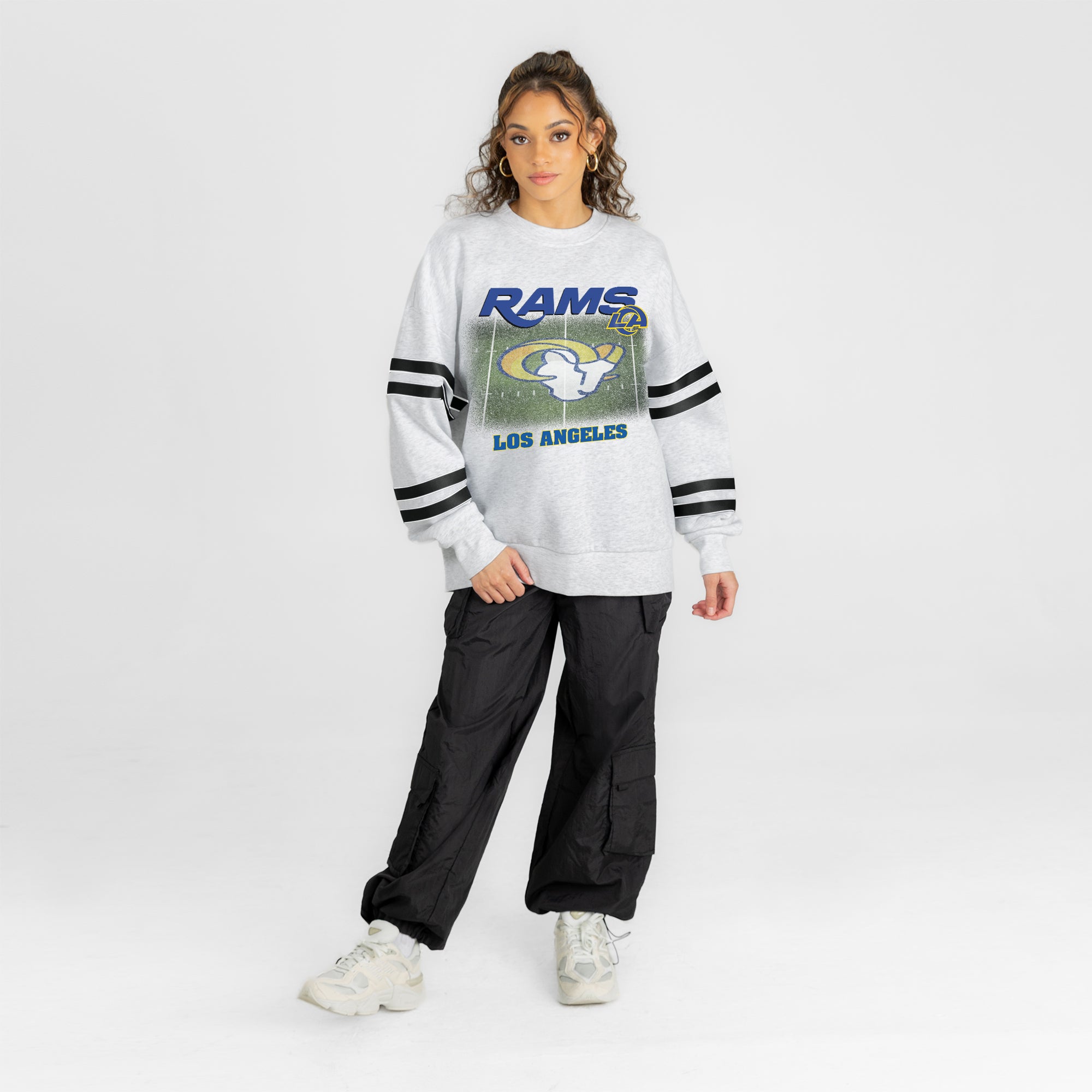 LOS ANGELES RAMS OFF THE GRID STRIPE SLEEVE CREWNECK SWEATSHIRT