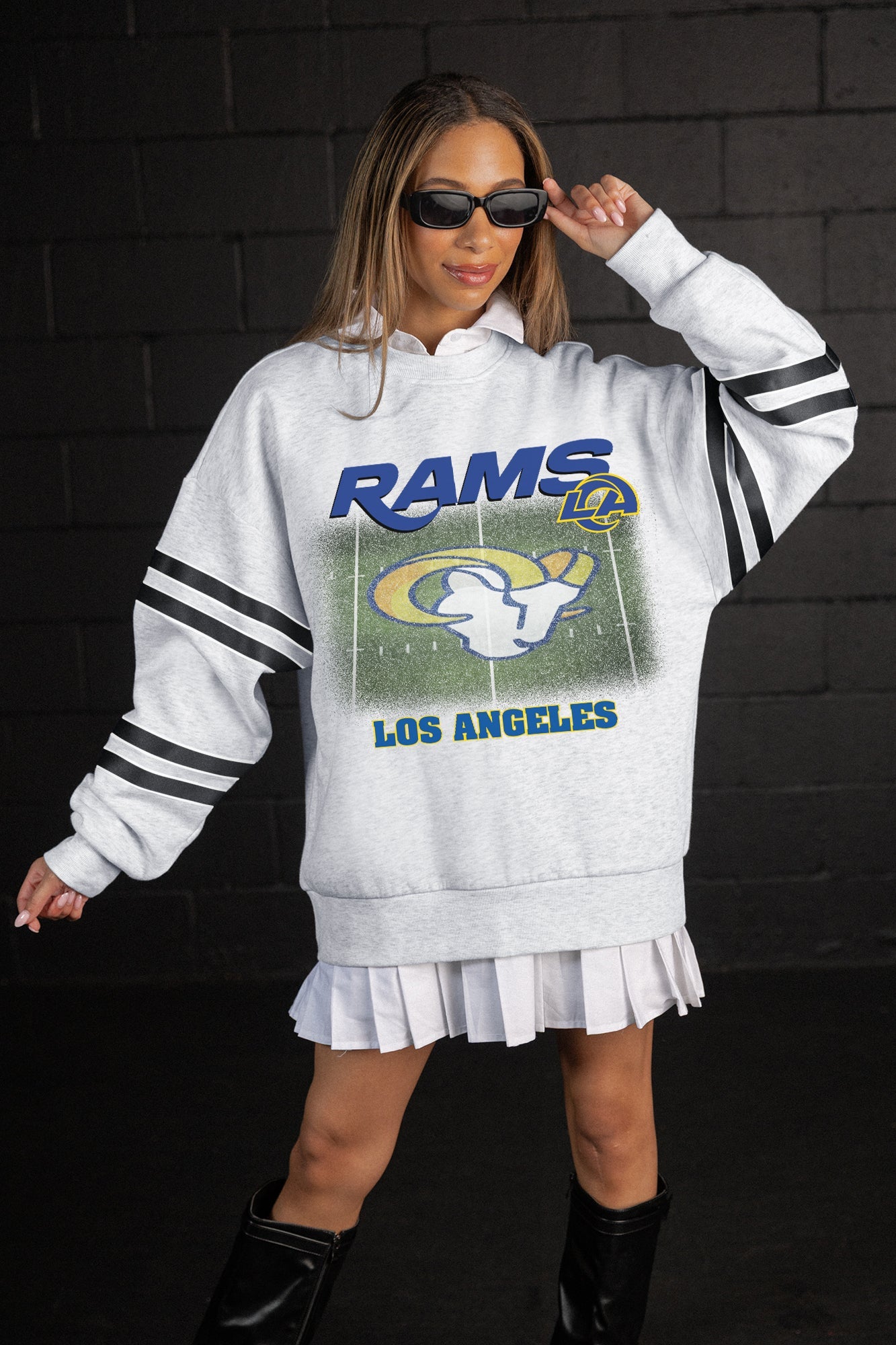 LOS ANGELES RAMS OFF THE GRID STRIPE SLEEVE CREWNECK SWEATSHIRT