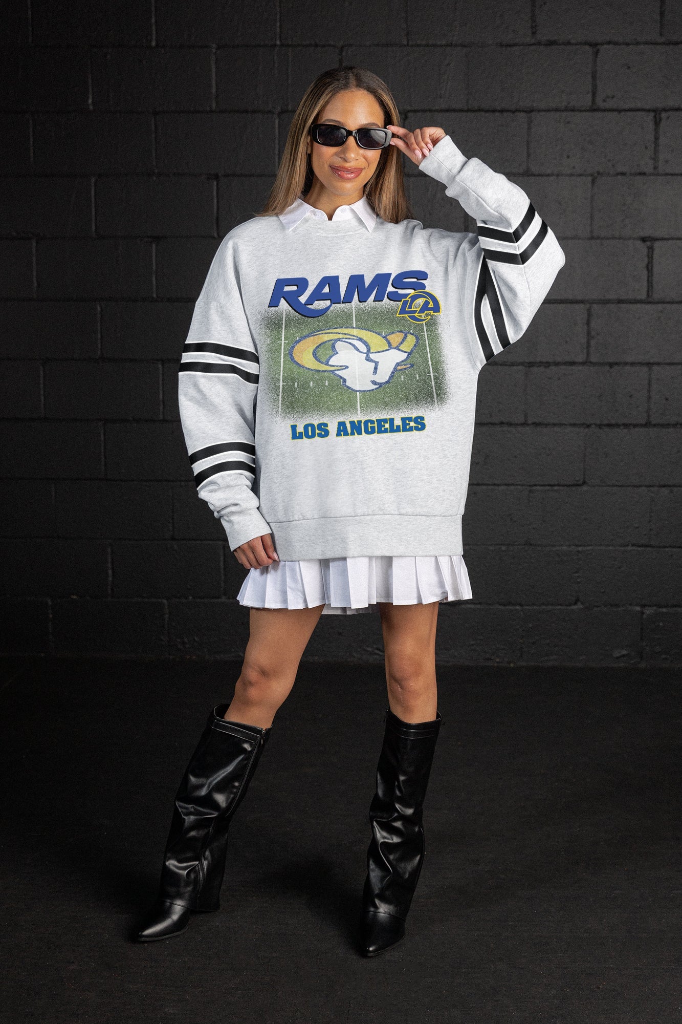 LOS ANGELES RAMS OFF THE GRID STRIPE SLEEVE CREWNECK SWEATSHIRT