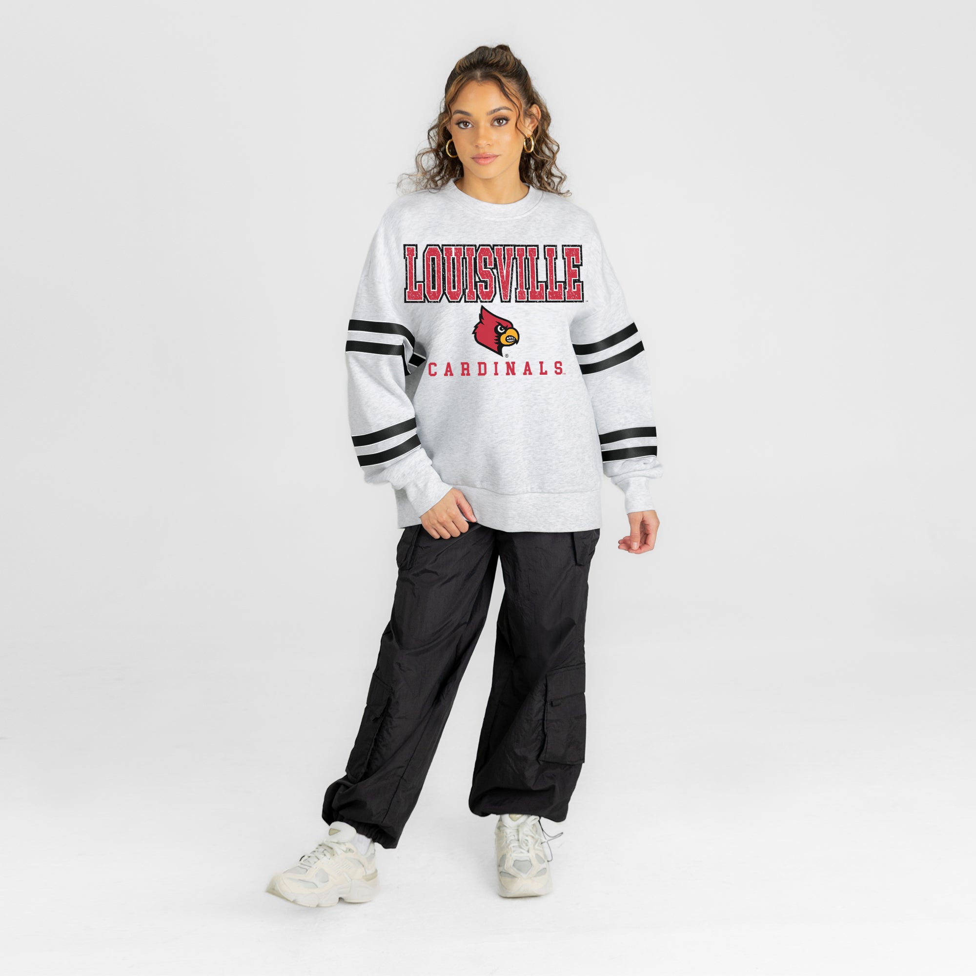 LOUISVILLE CARDINALS STADIUM STRIPES STRIPE SLEEVE CREWNECK SWEATSHIRT