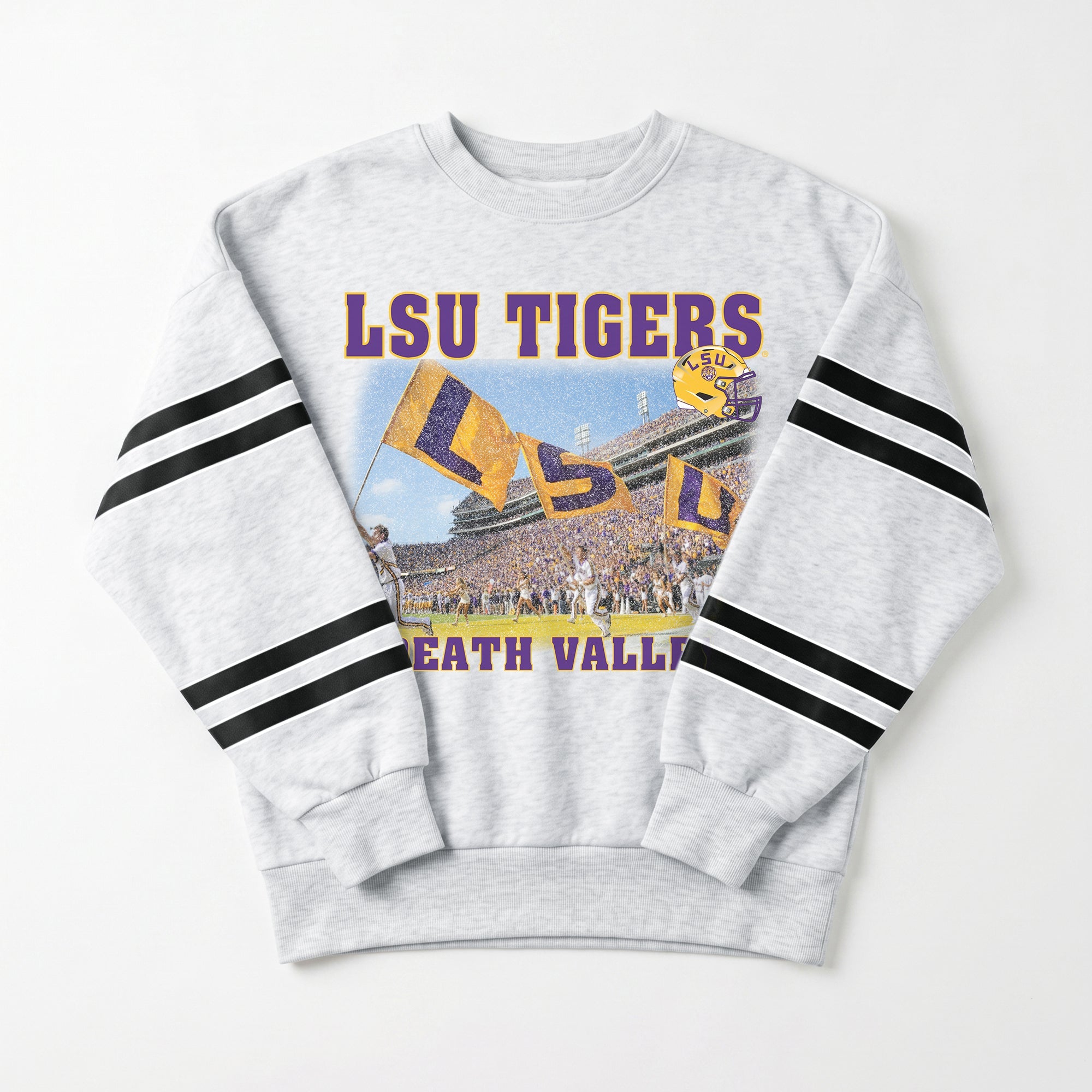 LSU TIGERS OFF THE GRID STRIPE SLEEVE CREWNECK SWEATSHIRT