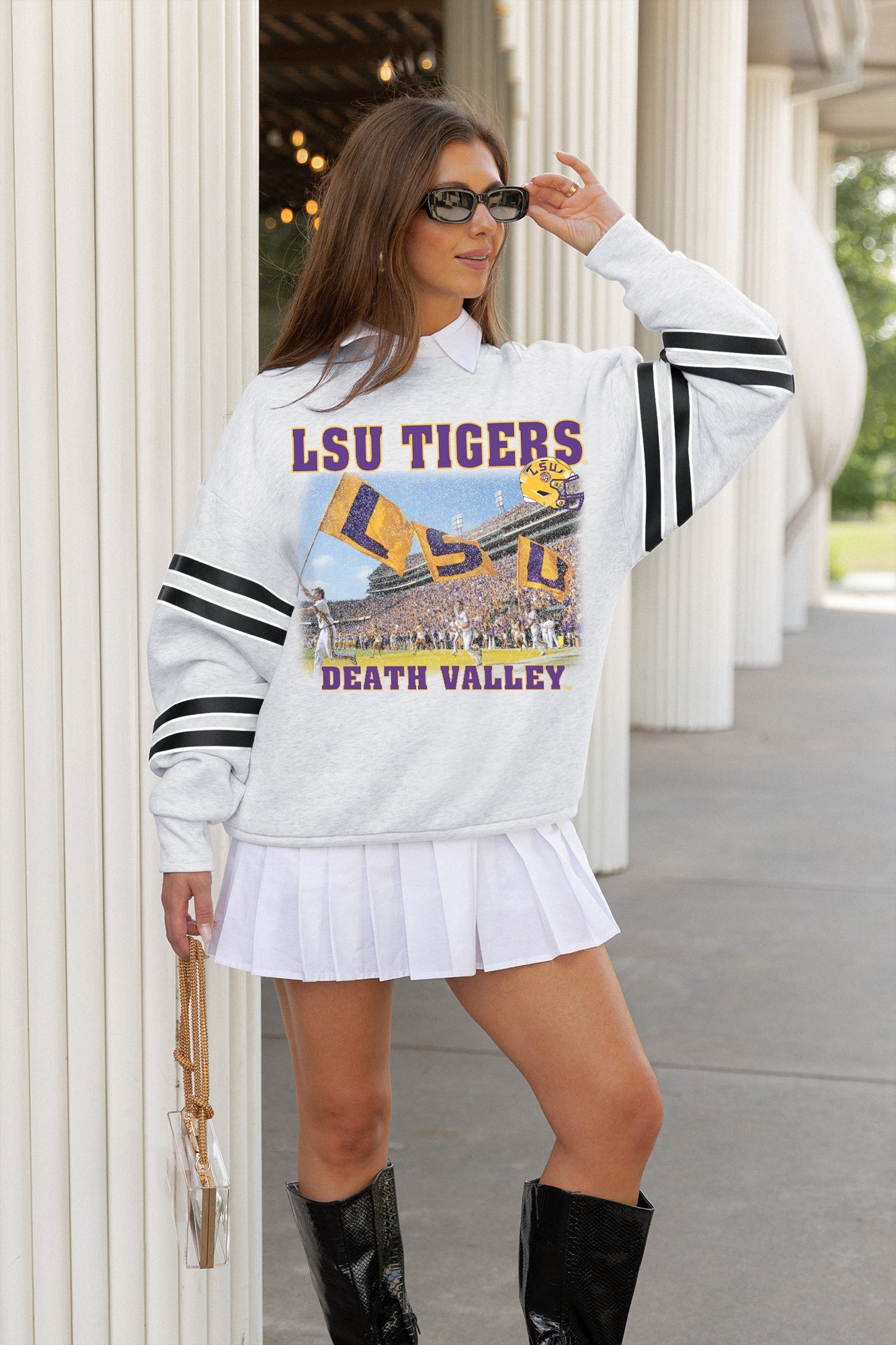 LSU TIGERS OFF THE GRID STRIPE SLEEVE CREWNECK SWEATSHIRT