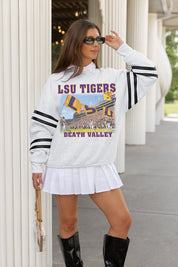 LSU TIGERS OFF THE GRID STRIPE SLEEVE CREWNECK SWEATSHIRT