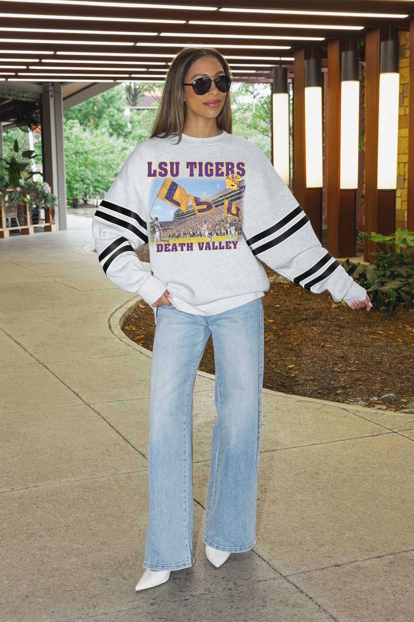 LSU TIGERS OFF THE GRID STRIPE SLEEVE CREWNECK SWEATSHIRT