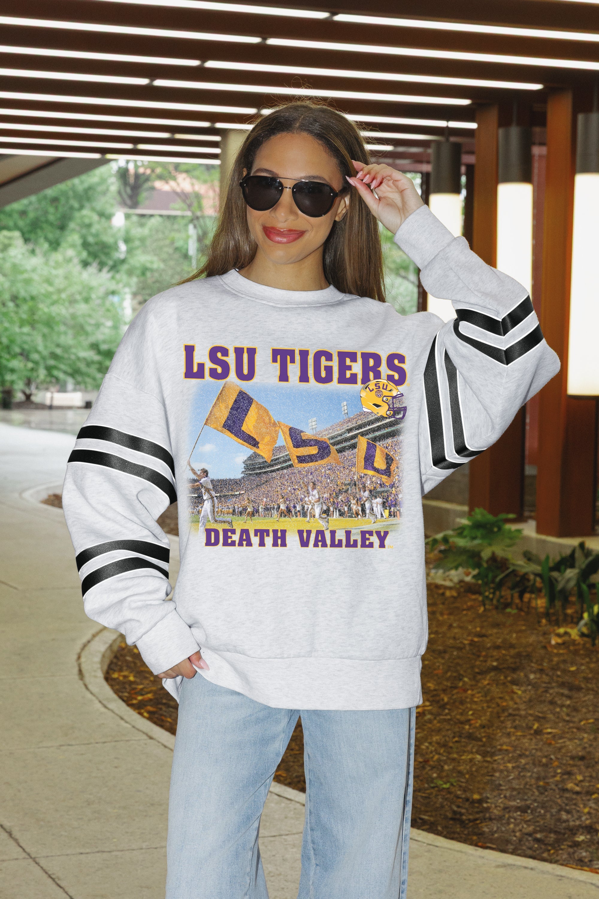 LSU TIGERS OFF THE GRID STRIPE SLEEVE CREWNECK SWEATSHIRT