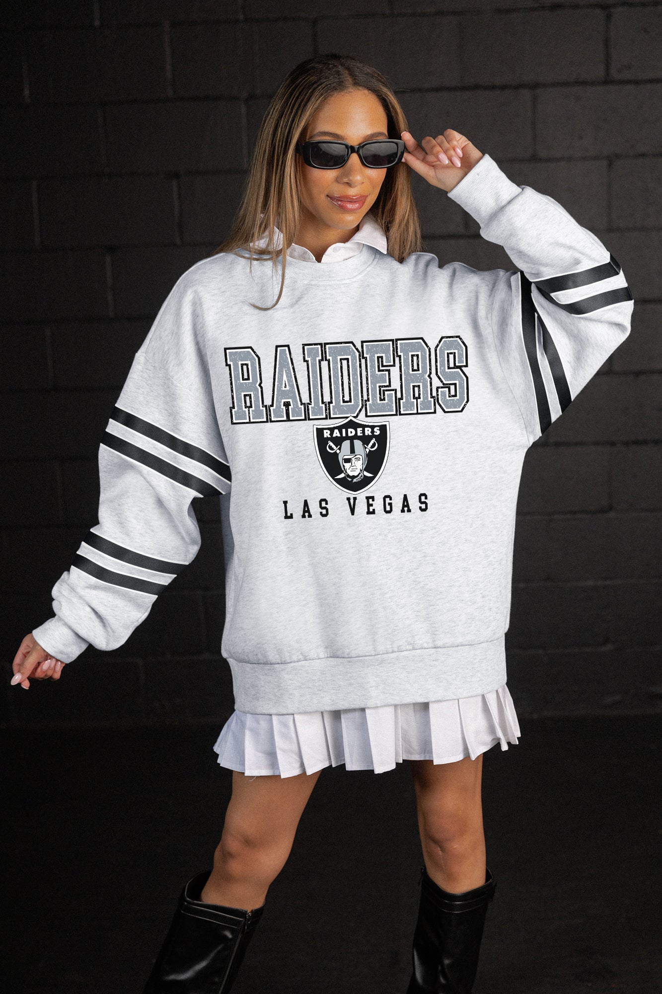 LAS VEGAS RAIDERS STADIUM STRIPES STRIPE SLEEVE CREWNECK SWEATSHIRT