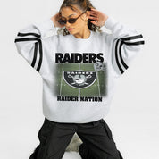 LAS VEGAS RAIDERS OFF THE GRID STRIPE SLEEVE CREWNECK SWEATSHIRT