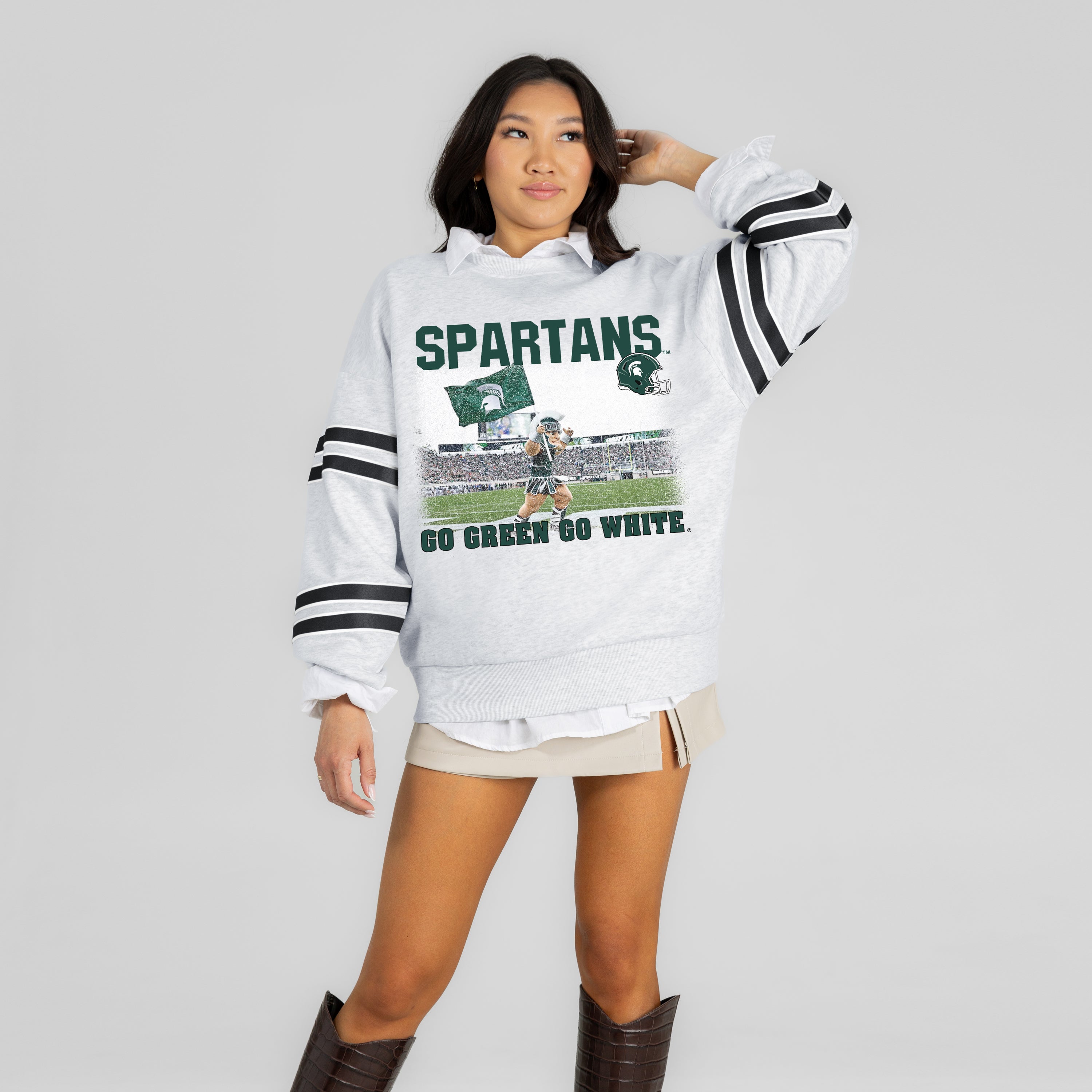 MICHIGAN STATE SPARTANS OFF THE GRID STRIPE SLEEVE CREWNECK SWEATSHIRT