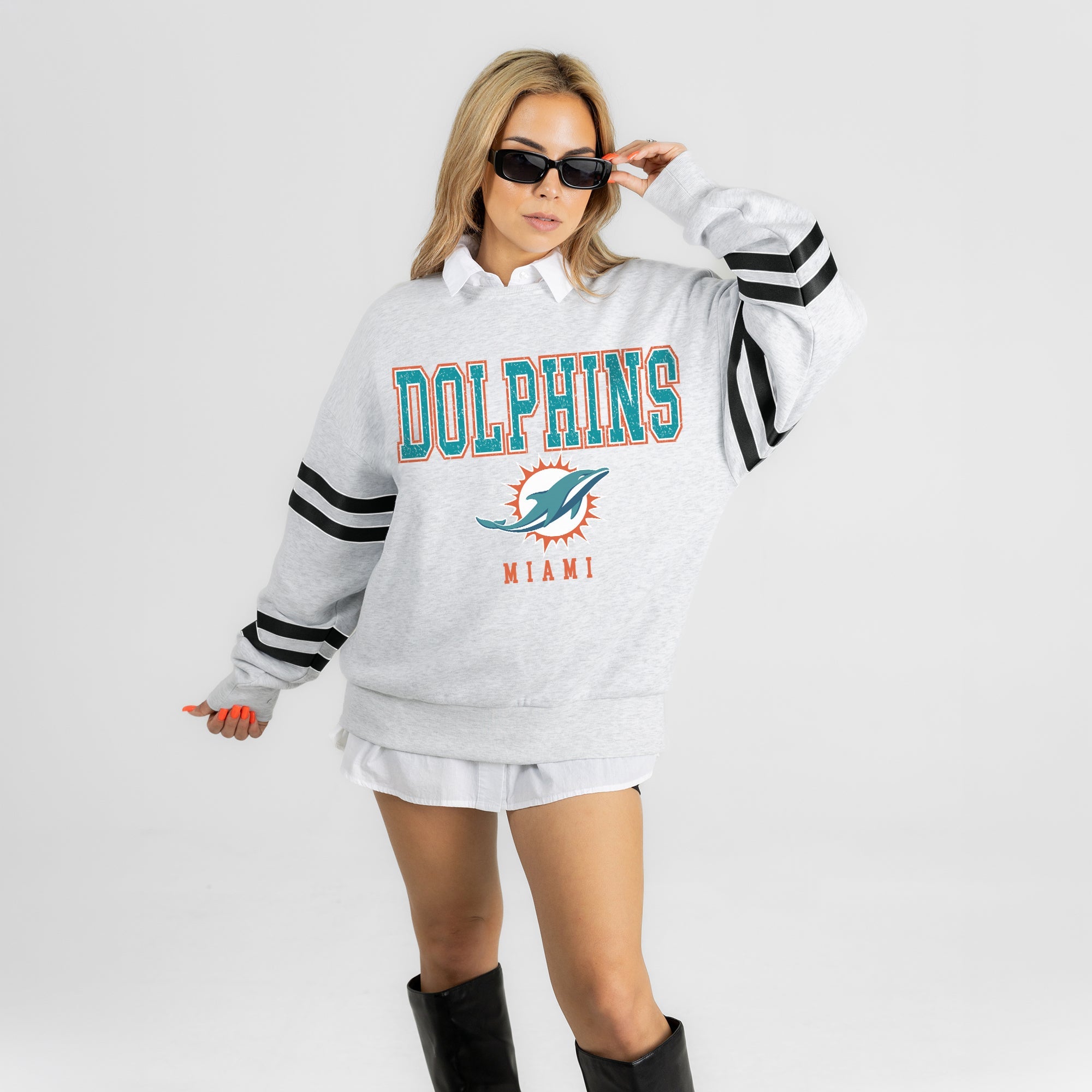 MIAMI DOLPHINS STADIUM STRIPES STRIPE SLEEVE CREWNECK SWEATSHIRT
