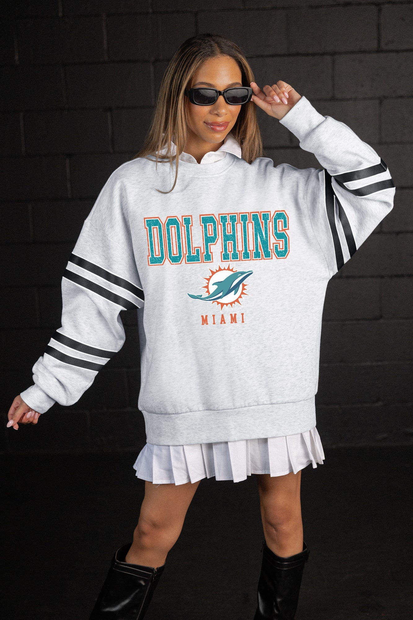 MIAMI DOLPHINS STADIUM STRIPES STRIPE SLEEVE CREWNECK SWEATSHIRT