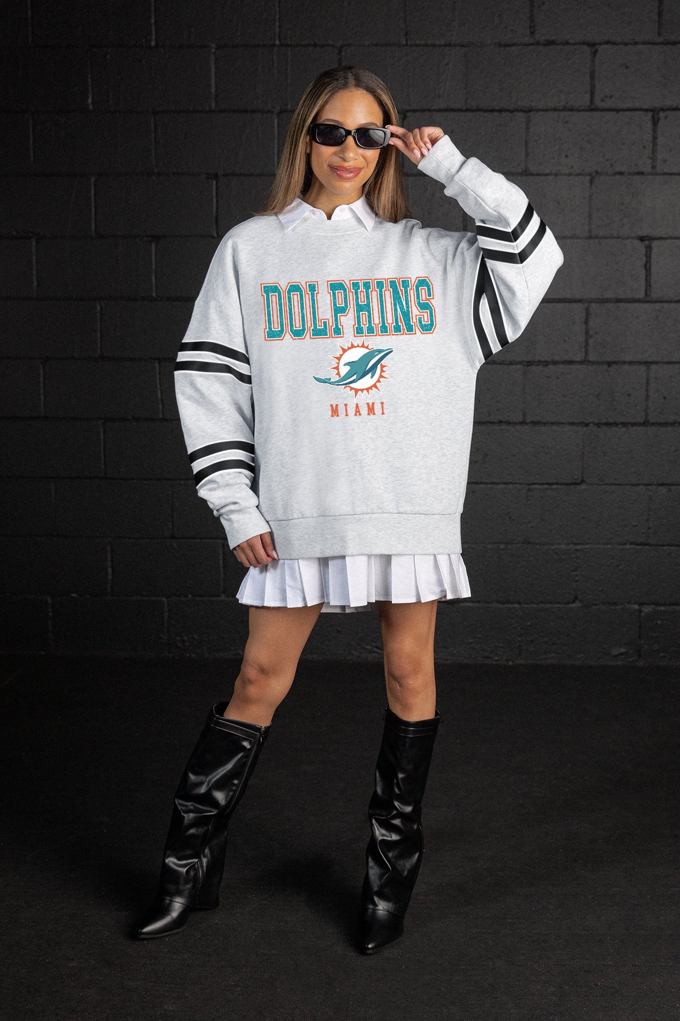 MIAMI DOLPHINS STADIUM STRIPES STRIPE SLEEVE CREWNECK SWEATSHIRT