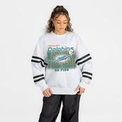 MIAMI DOLPHINS OFF THE GRID STRIPE SLEEVE CREWNECK SWEATSHIRT