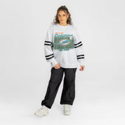 MIAMI DOLPHINS OFF THE GRID STRIPE SLEEVE CREWNECK SWEATSHIRT