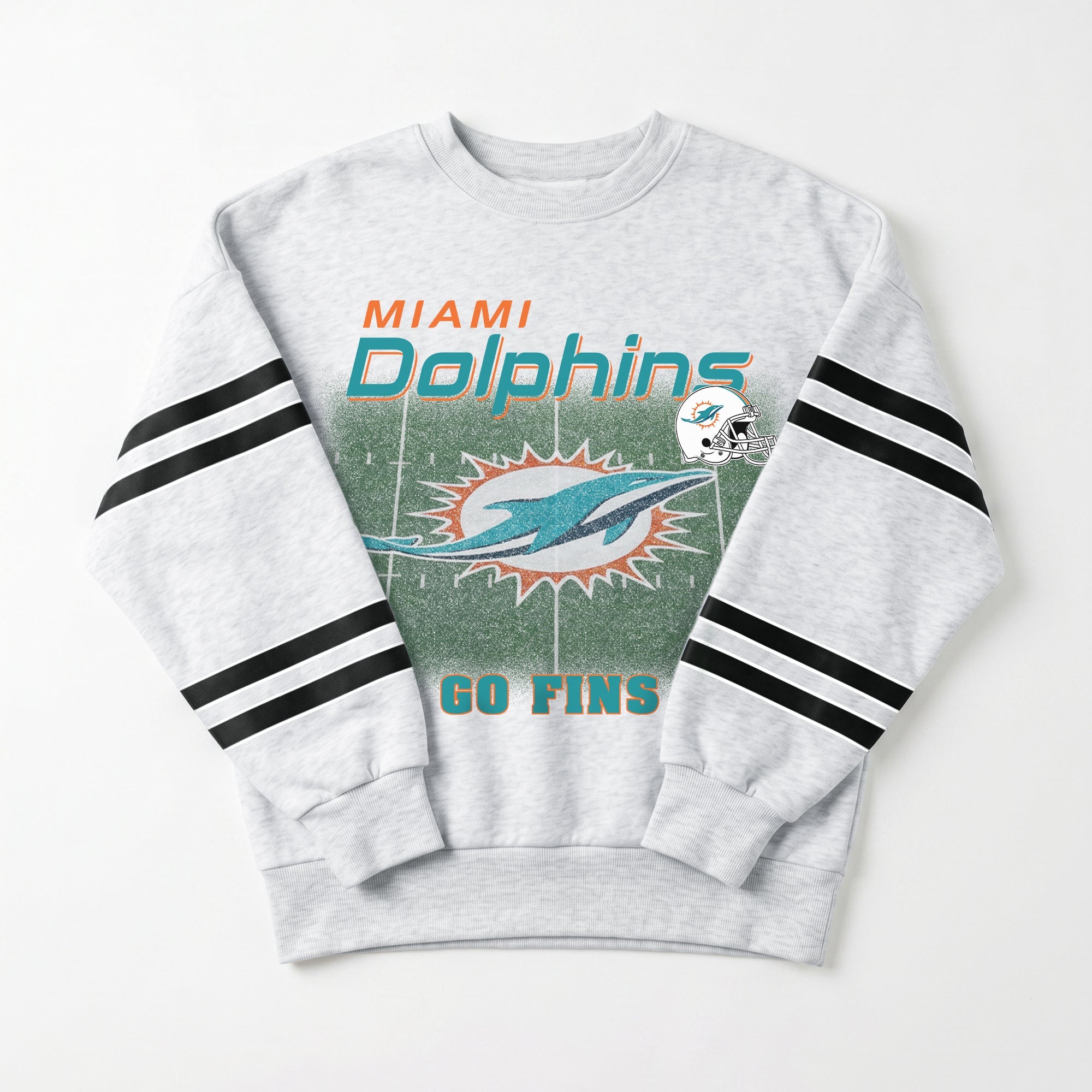MIAMI DOLPHINS OFF THE GRID STRIPE SLEEVE CREWNECK SWEATSHIRT