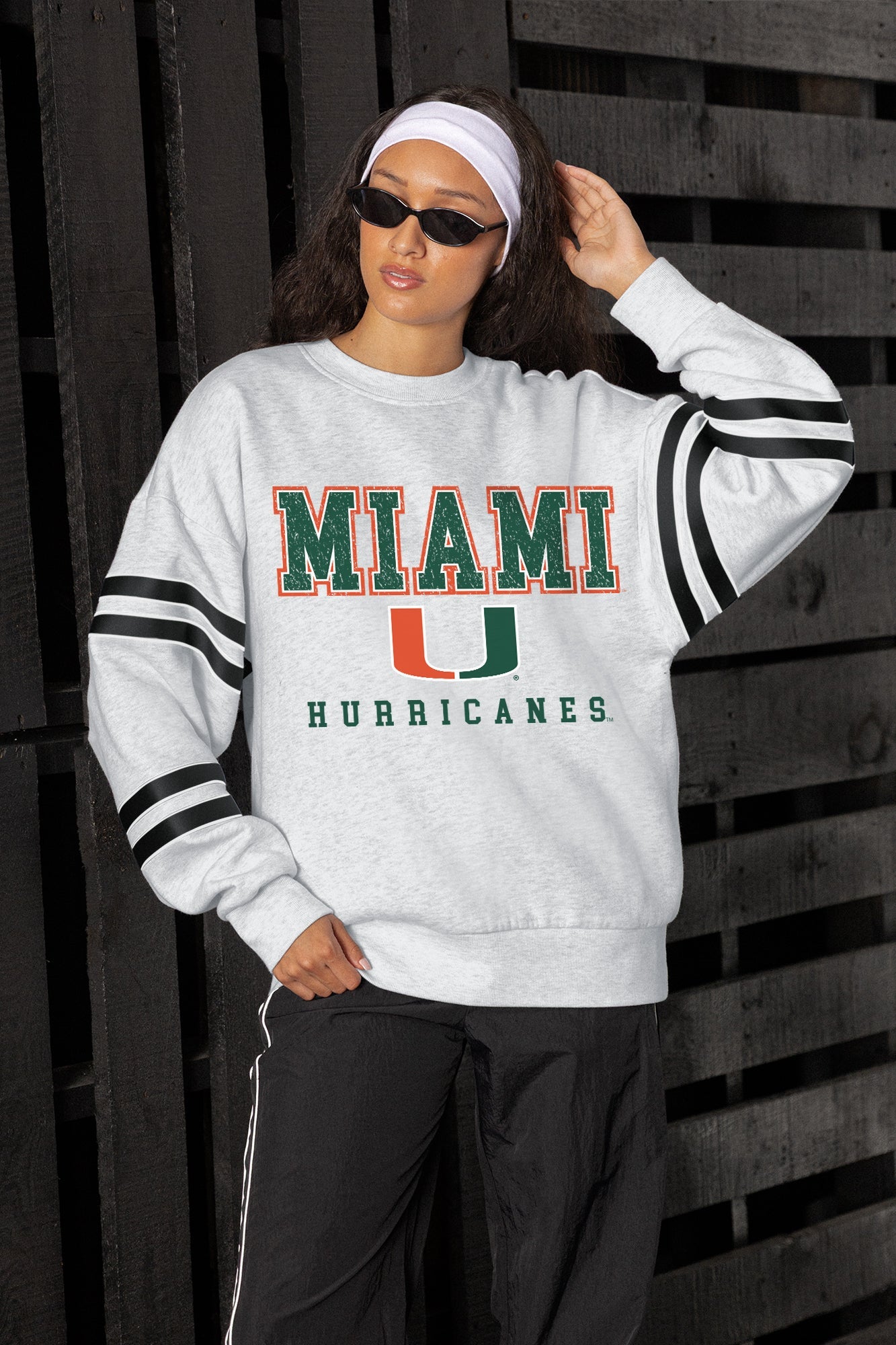 MIAMI HURRICANES STADIUM STRIPES STRIPE SLEEVE CREWNECK SWEATSHIRT