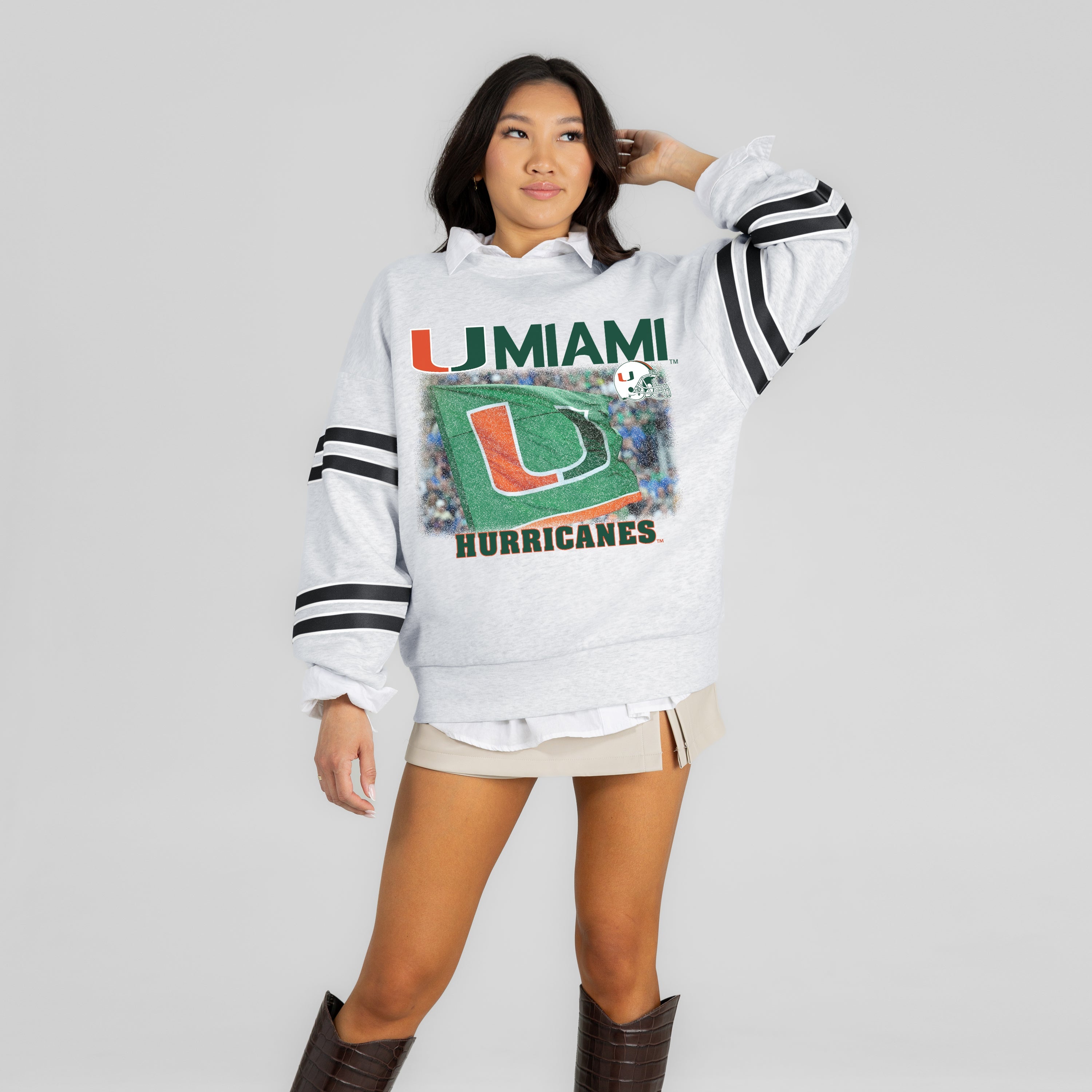 MIAMI HURRICANES OFF THE GRID STRIPE SLEEVE CREWNECK SWEATSHIRT