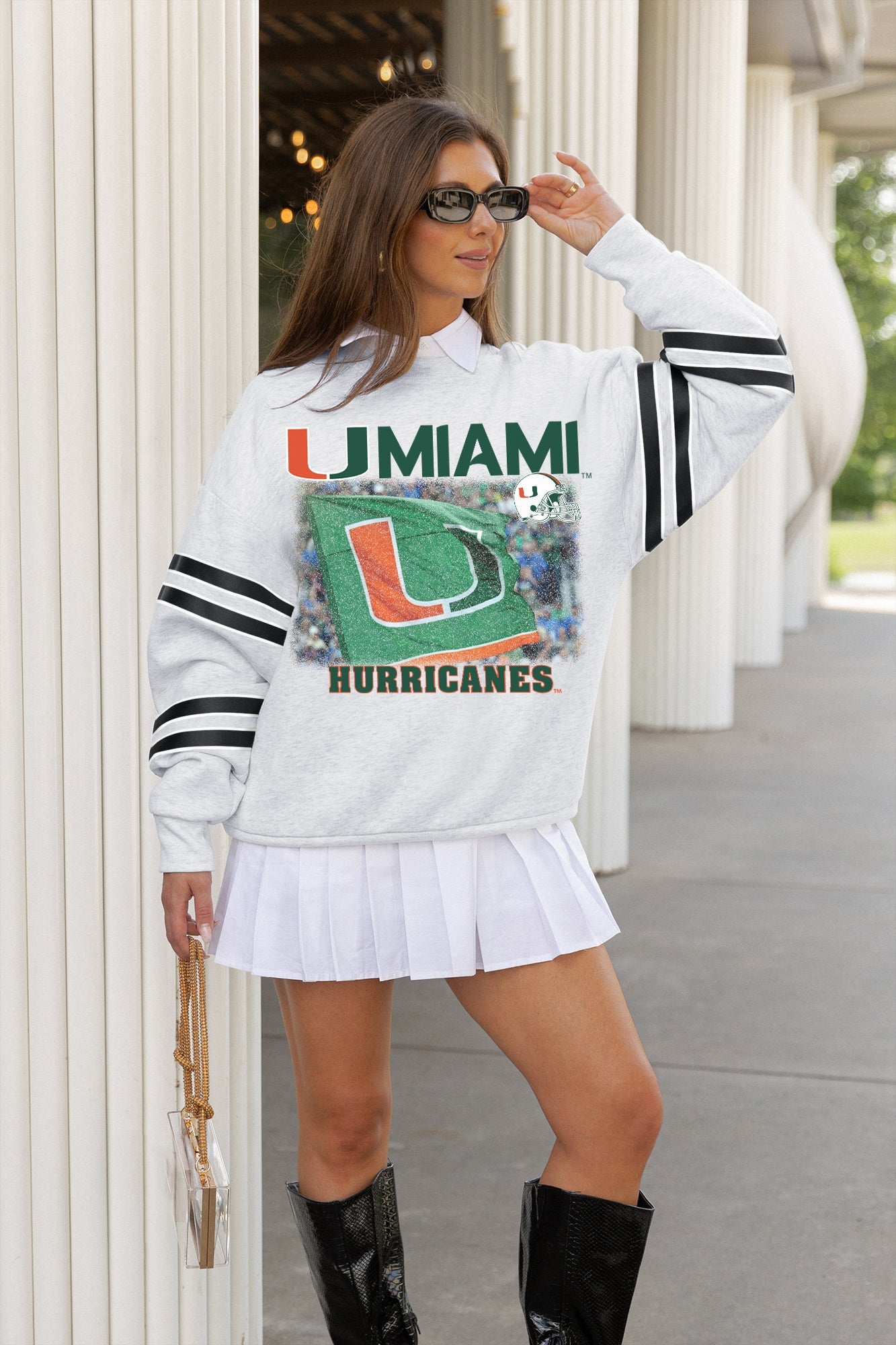 MIAMI HURRICANES OFF THE GRID STRIPE SLEEVE CREWNECK SWEATSHIRT