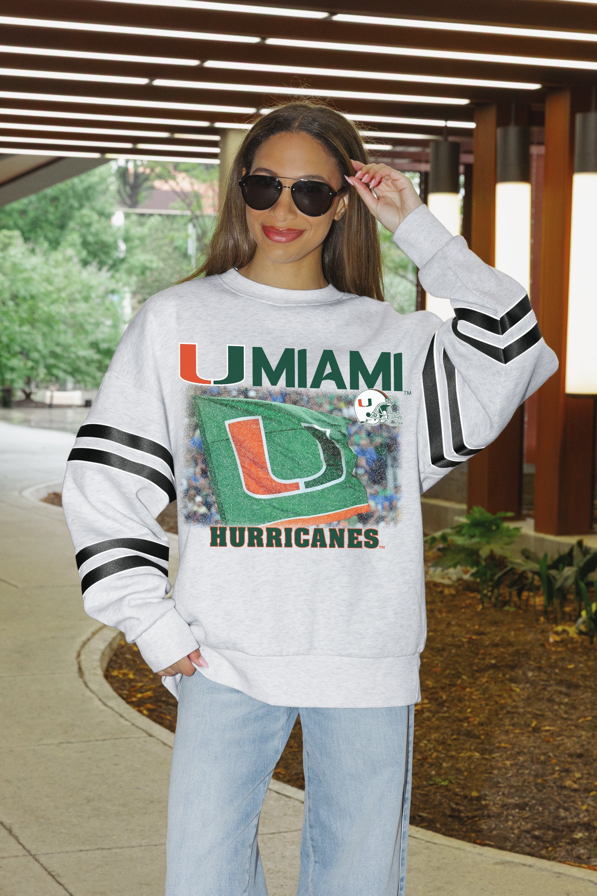 MIAMI HURRICANES OFF THE GRID STRIPE SLEEVE CREWNECK SWEATSHIRT