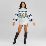 MICHIGAN WOLVERINES OFF THE GRID STRIPE SLEEVE CREWNECK SWEATSHIRT
