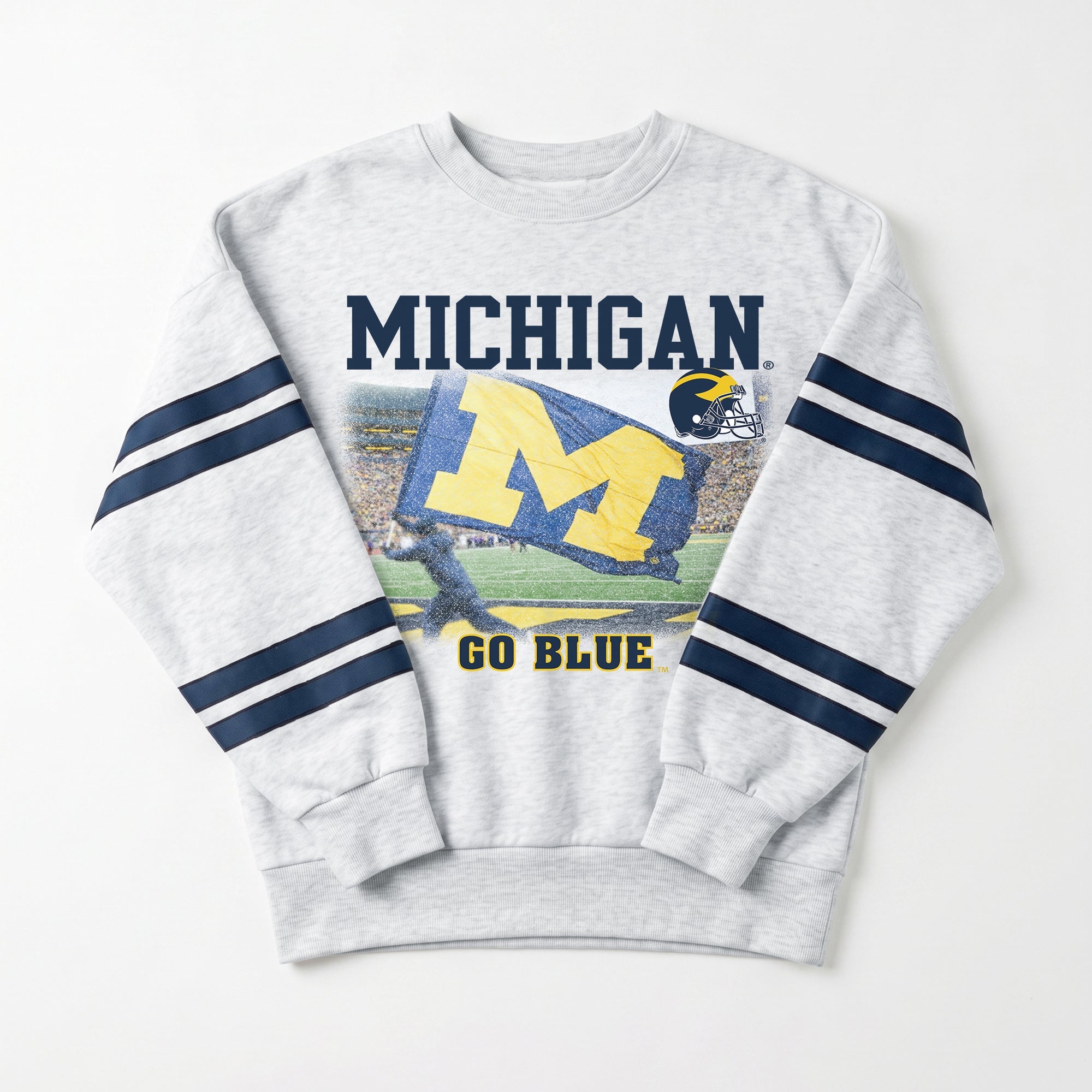 MICHIGAN WOLVERINES OFF THE GRID STRIPE SLEEVE CREWNECK SWEATSHIRT
