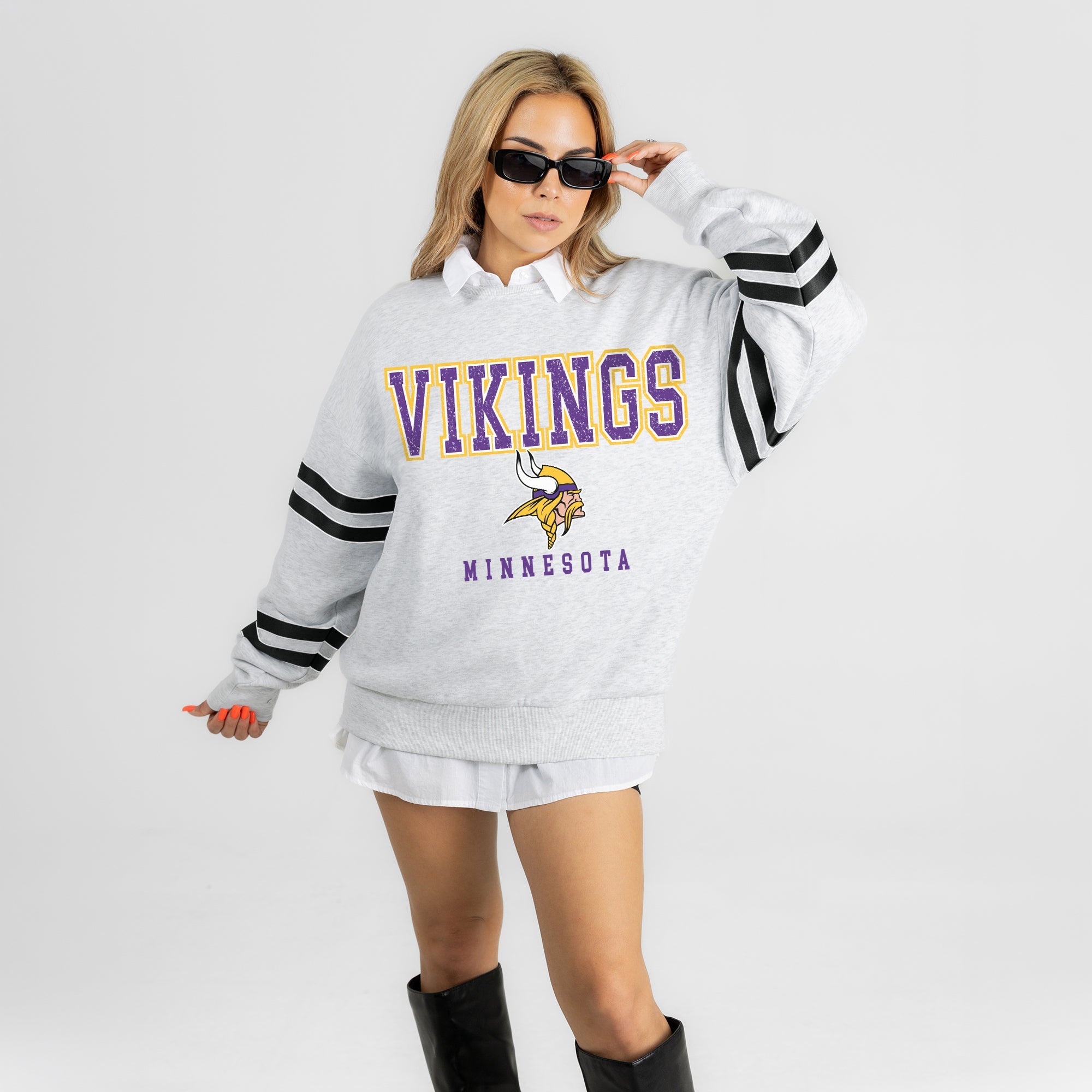 MINNESOTA VIKINGS STADIUM STRIPES STRIPE SLEEVE CREWNECK SWEATSHIRT