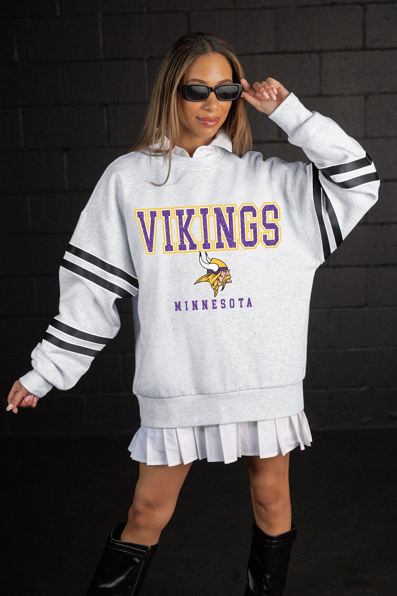 MINNESOTA VIKINGS STADIUM STRIPES STRIPE SLEEVE CREWNECK SWEATSHIRT