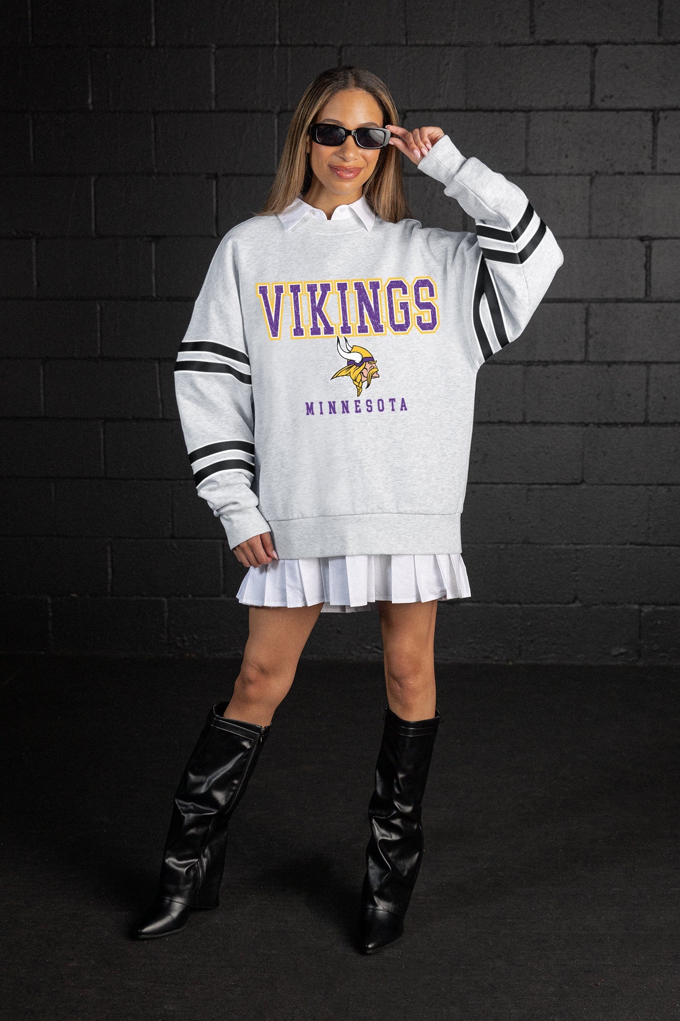MINNESOTA VIKINGS STADIUM STRIPES STRIPE SLEEVE CREWNECK SWEATSHIRT
