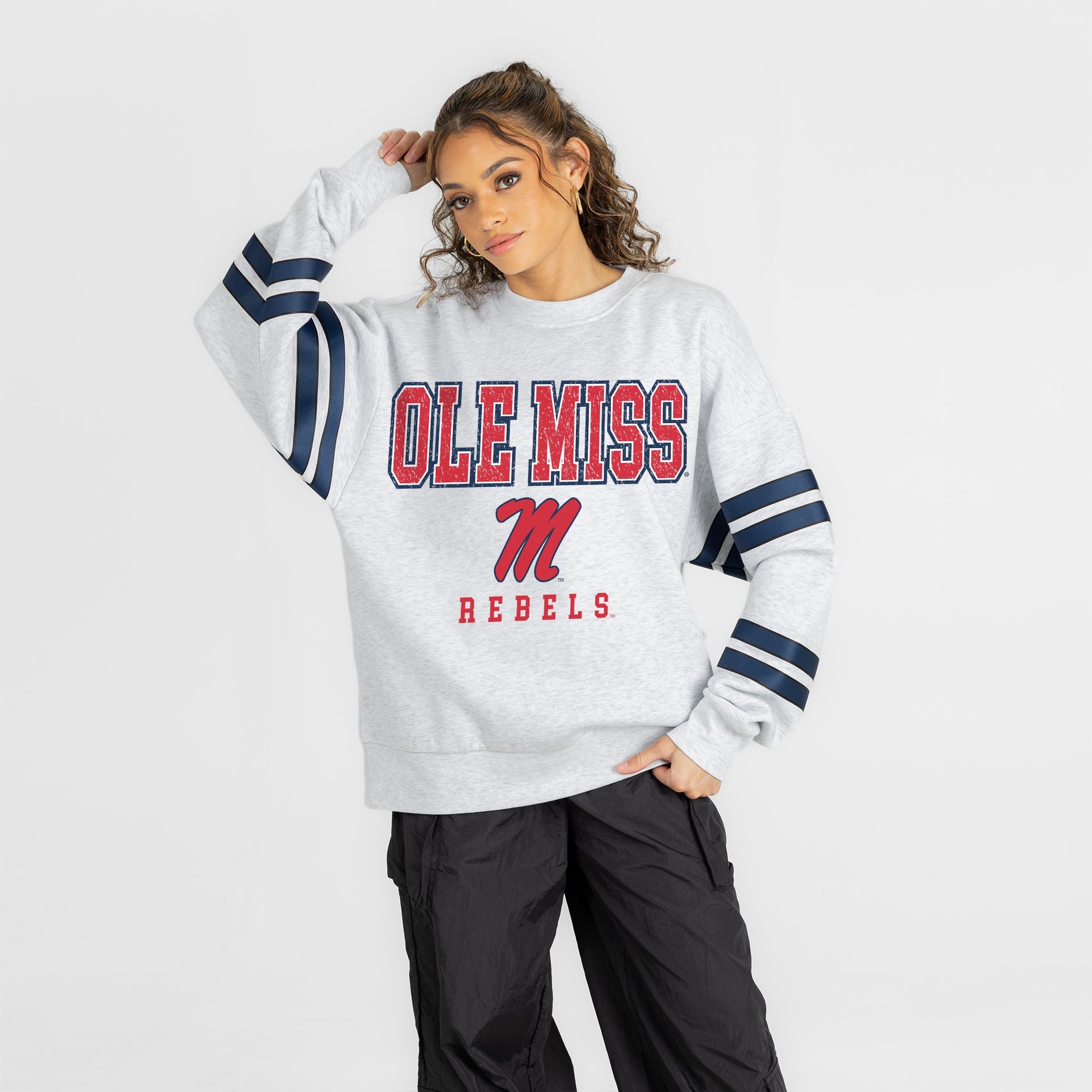 OLE MISS REBELS STADIUM STRIPES STRIPE SLEEVE CREWNECK SWEATSHIRT
