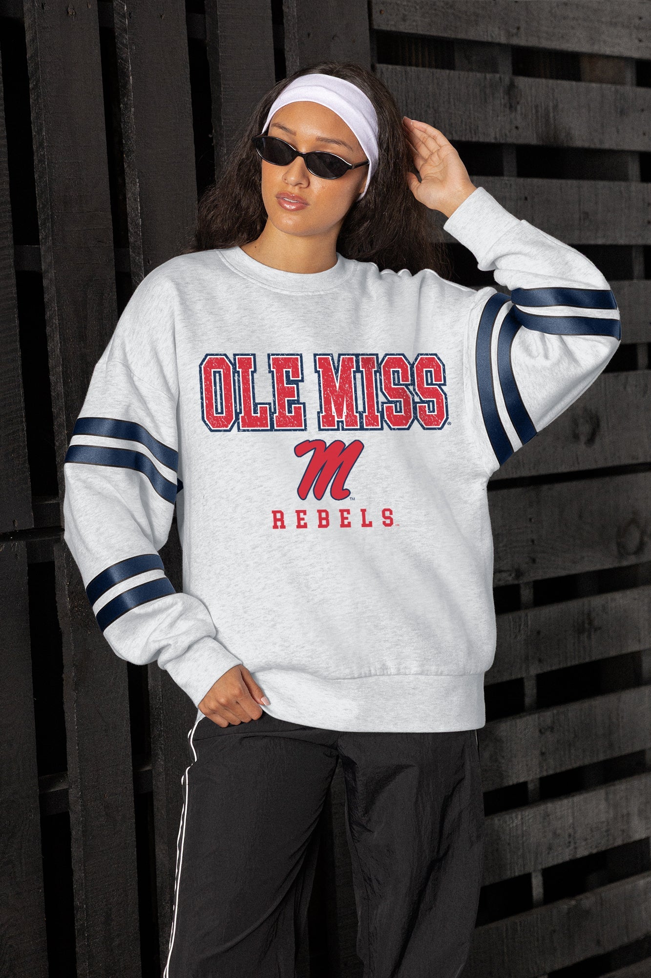 OLE MISS REBELS STADIUM STRIPES STRIPE SLEEVE CREWNECK SWEATSHIRT