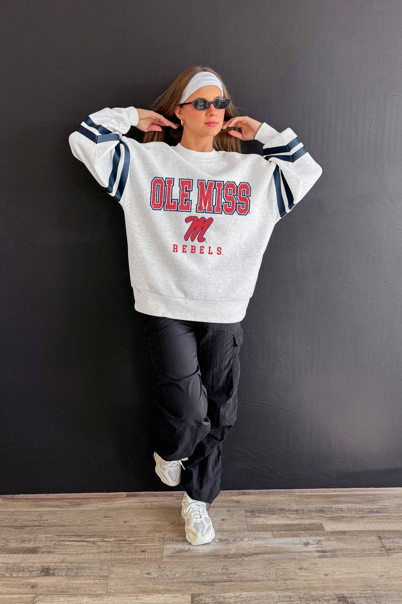 OLE MISS REBELS STADIUM STRIPES STRIPE SLEEVE CREWNECK SWEATSHIRT