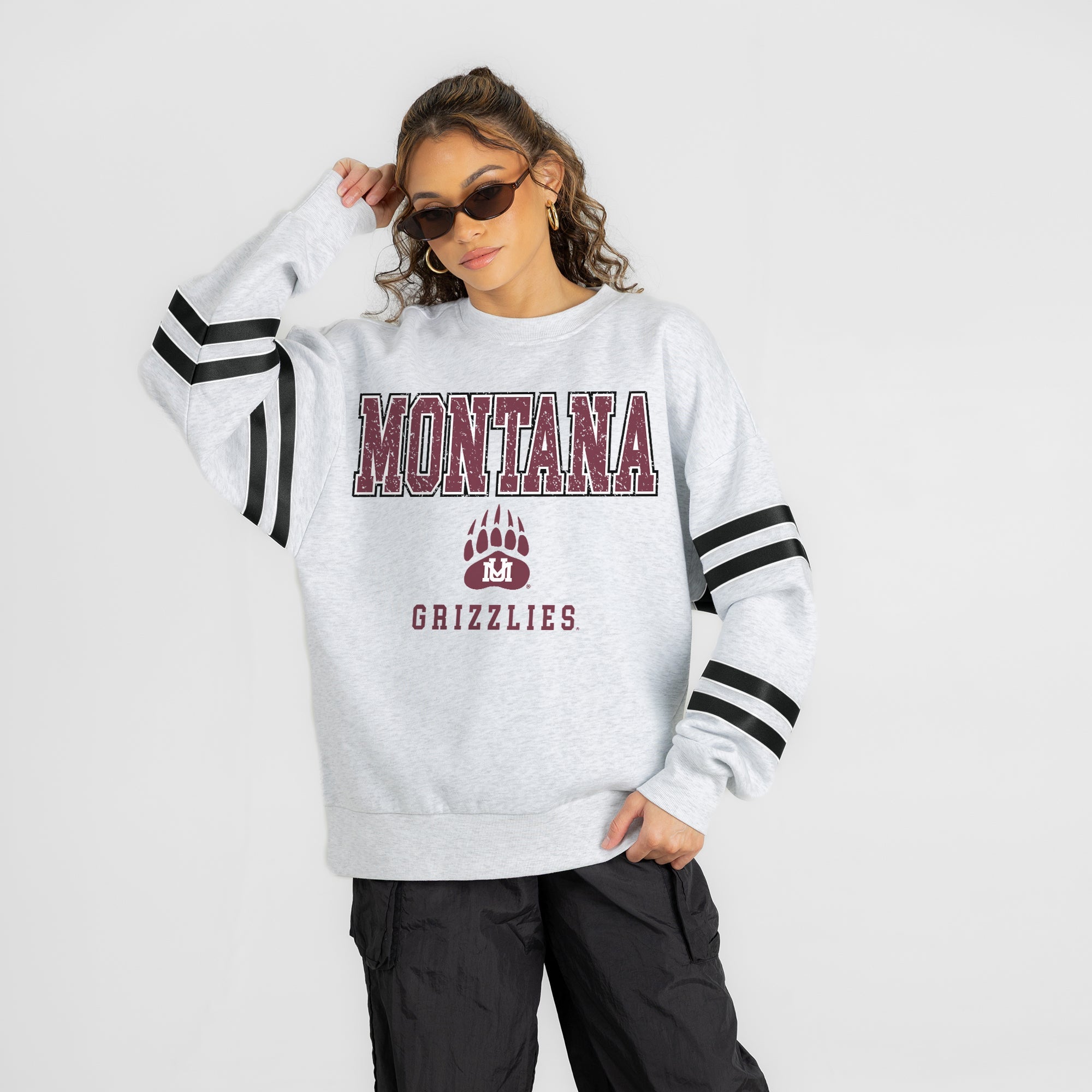 MONTANA GRIZZLIES STADIUM STRIPES STRIPE SLEEVE CREWNECK SWEATSHIRT