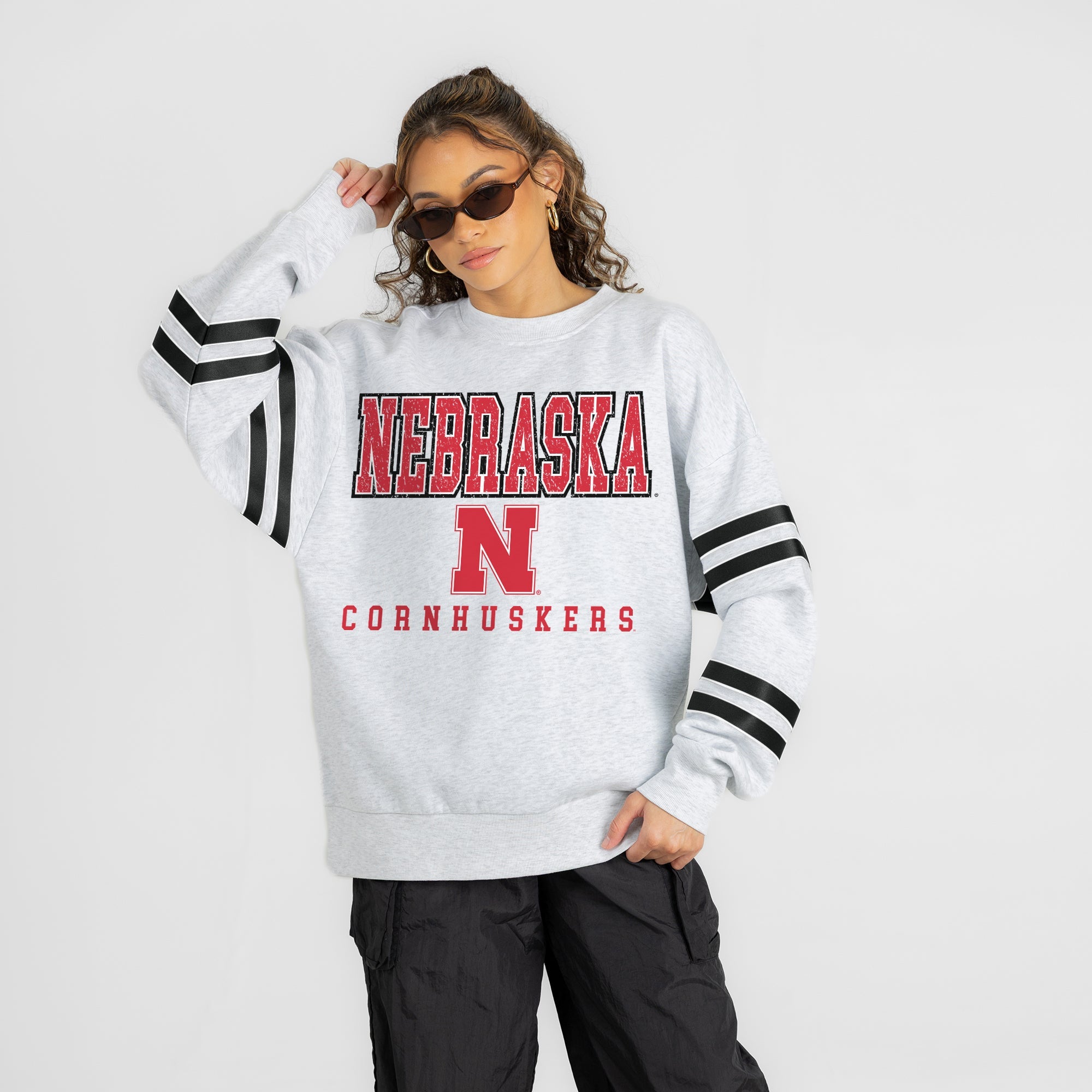 NEBRASKA CORNHUSKERS STADIUM STRIPES STRIPE SLEEVE CREWNECK SWEATSHIRT