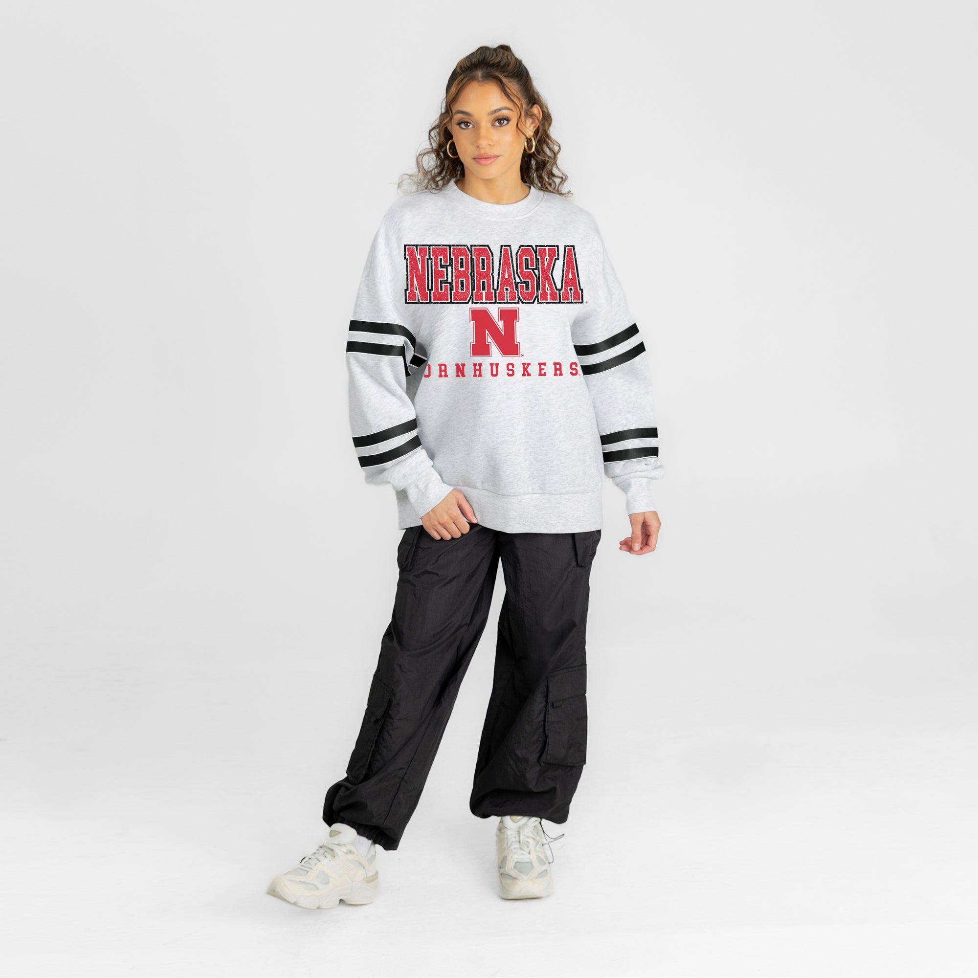 NEBRASKA CORNHUSKERS STADIUM STRIPES STRIPE SLEEVE CREWNECK SWEATSHIRT
